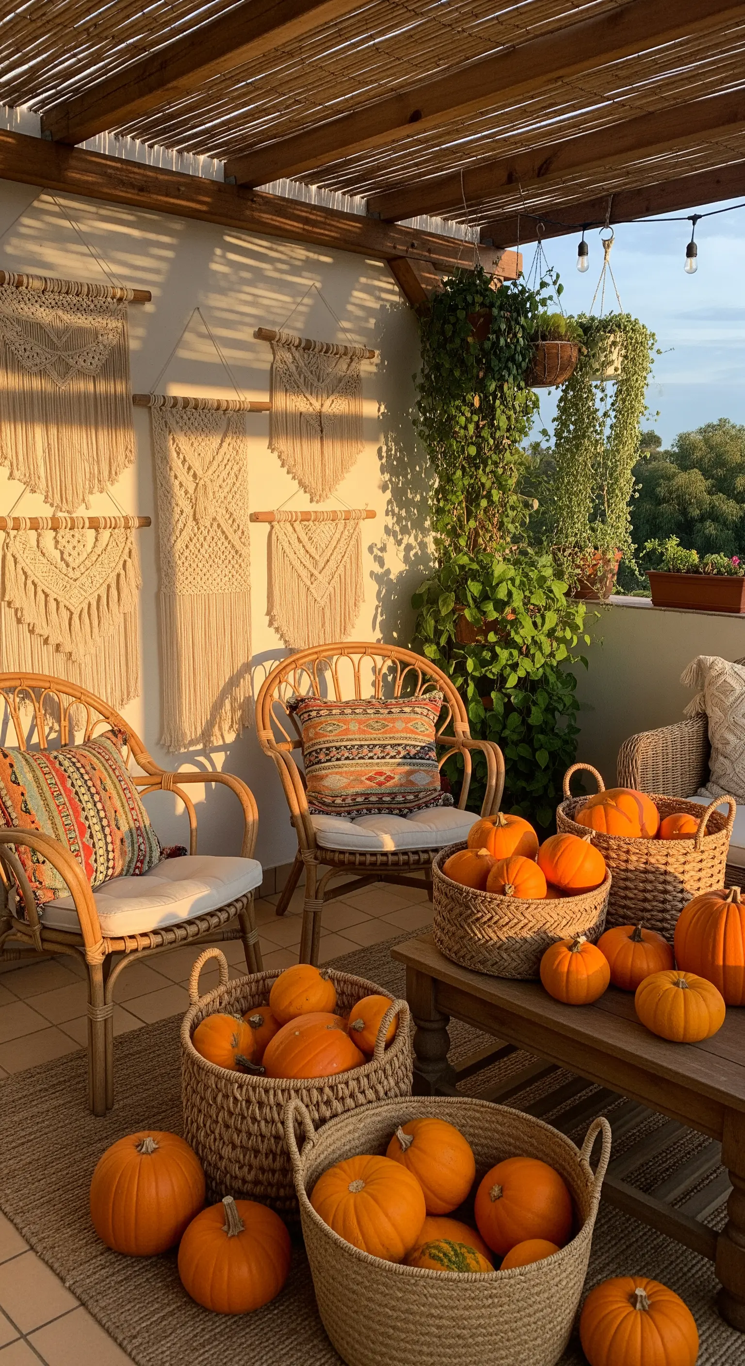 Boho-Terrasse mit Rattan, Makramee, Körben voller orangefarbener Kürbisse