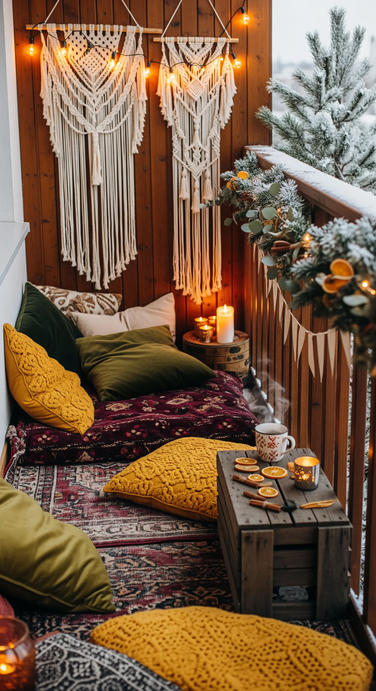 Boho-Balkon mit Makramee-Wandbehängen, Bodenkissen, Laternen und Lichterketten