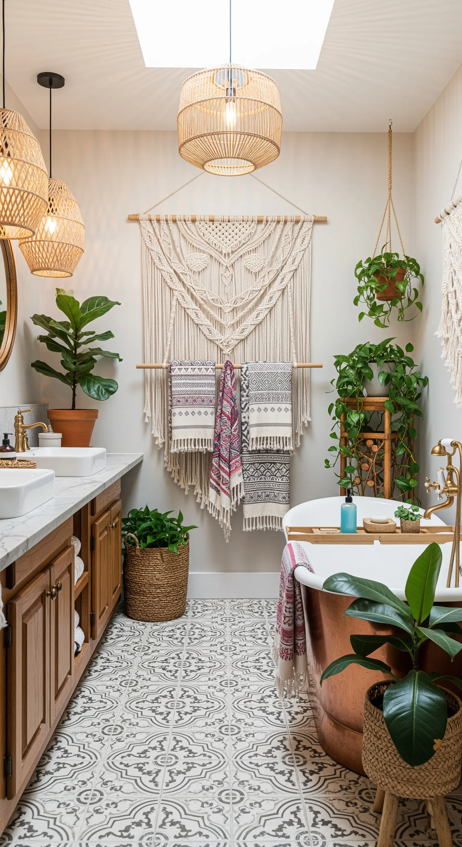 Boho-Badezimmer mit Makramee-Wandbehang, der als Halterung für gemusterte Handtücher dient.