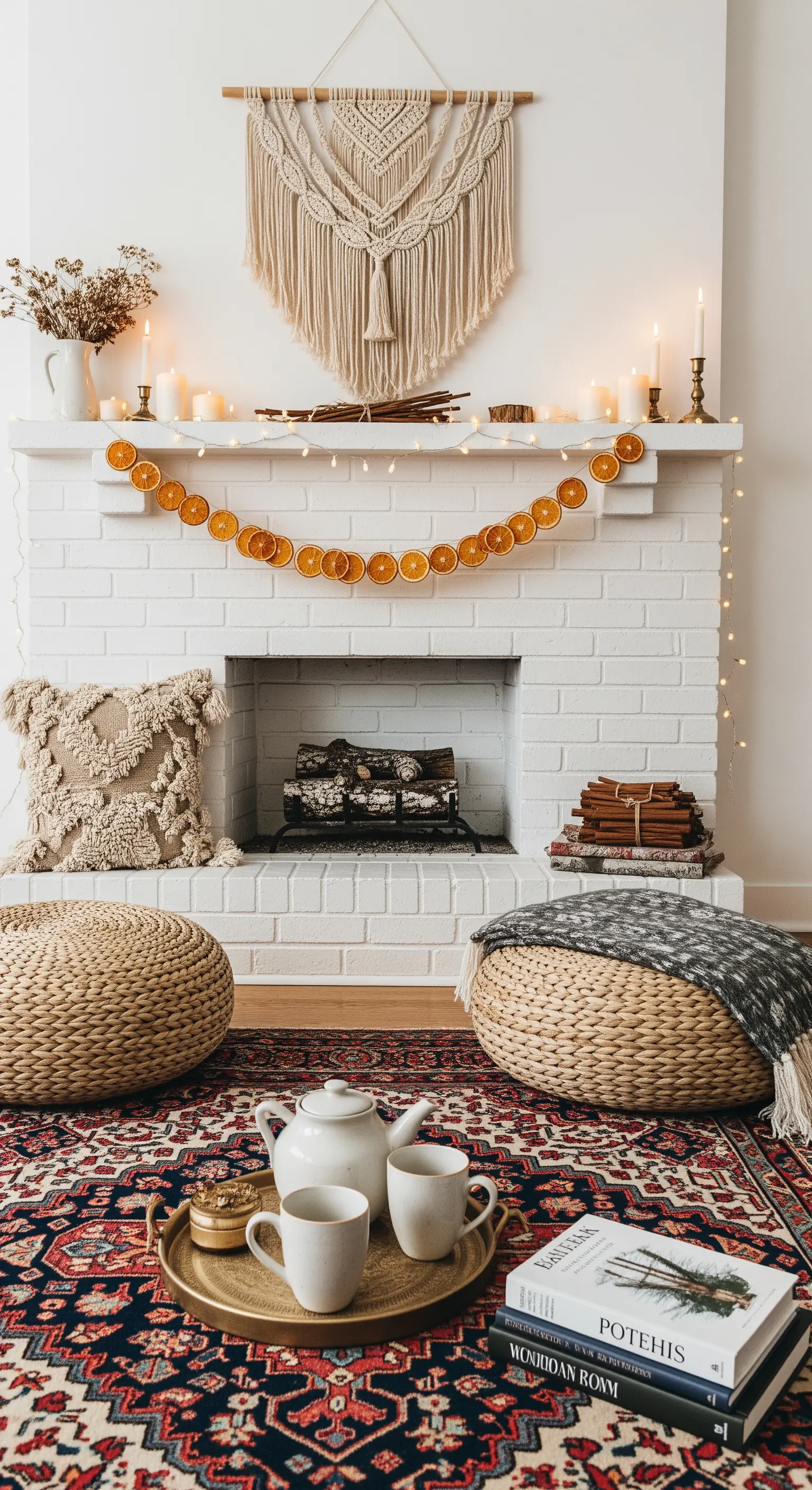 Weißer Backsteinkamin mit Makramee, Orangen-Girlande und Lichterketten, Boho-Winterdeko.