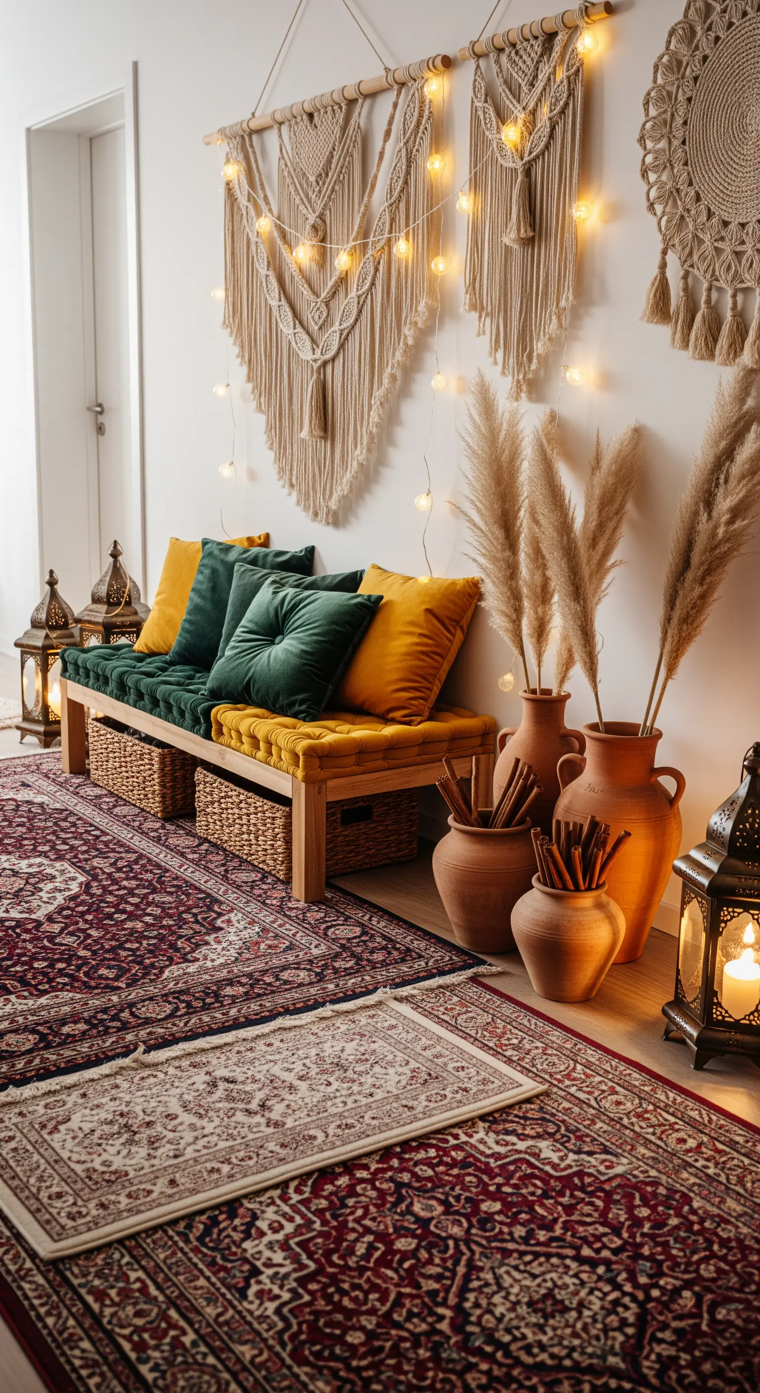 Boho-Flur mit Makramee, Lichterketten, Sitzbank, Kissen und Pampasgras in Terrakotta-Vasen