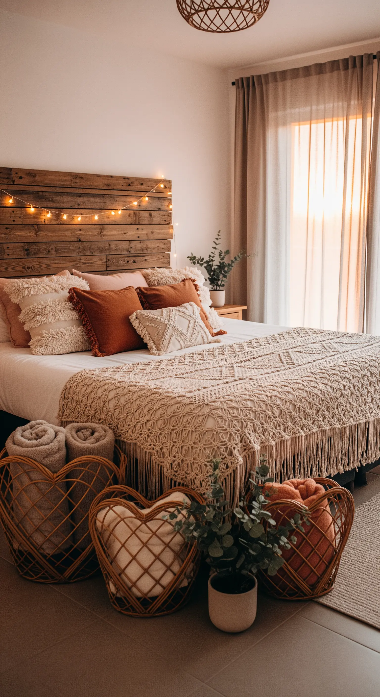 Boho-Schlafzimmer mit Makramee-Decke, Lichterketten und Herz-Körben