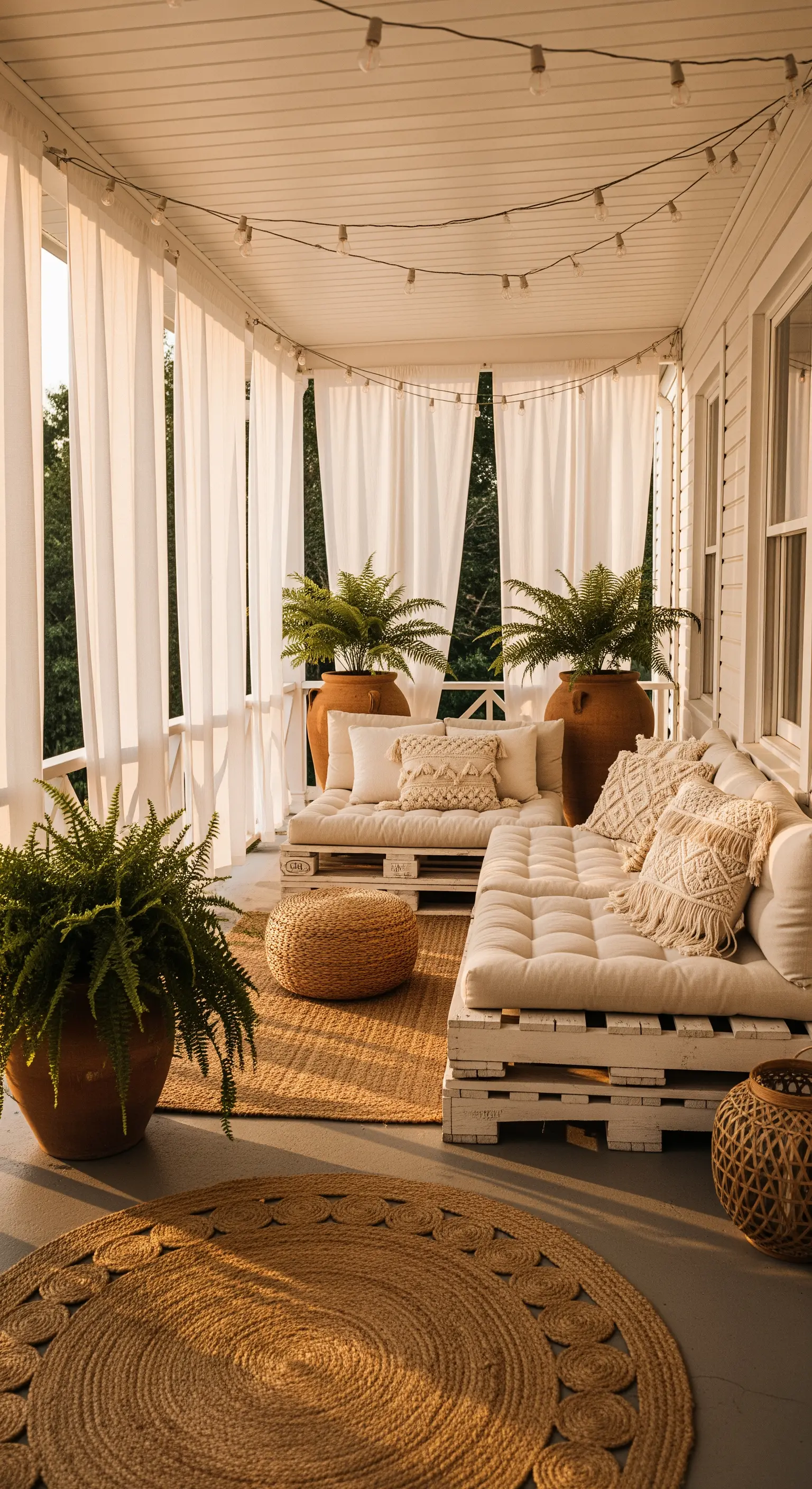 Boho-Veranda mit Palettensofa, Lichterketten und Pflanzen in Naturtönen