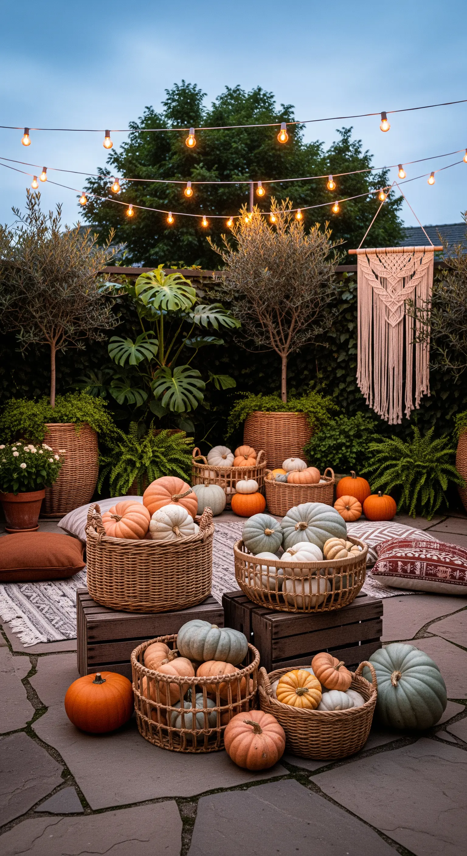 Terrasse mit Kürbissen in Körben, Lichterketten, Kissen und Pflanzen.