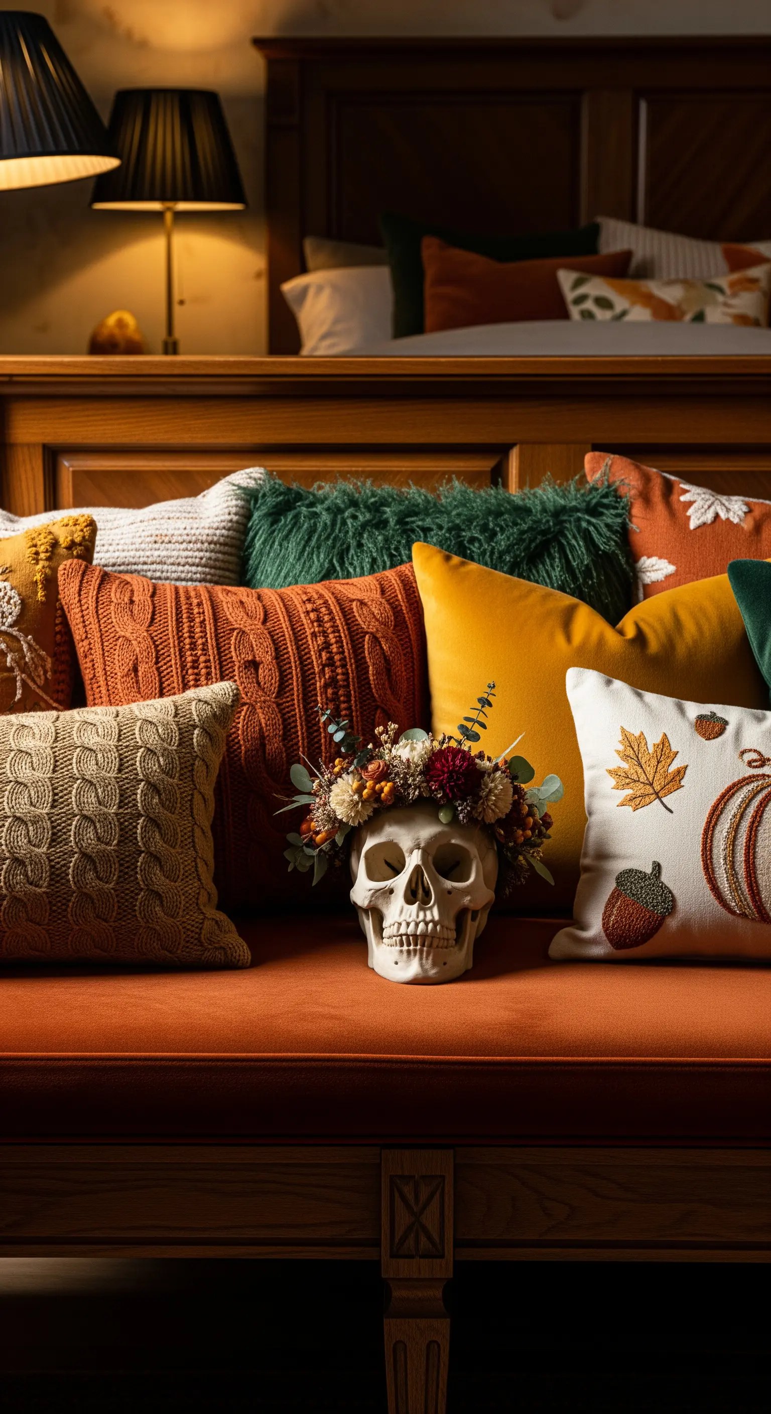 Sofa mit herbstlichen Kissen und einem Totenkopf mit Blumenkrone