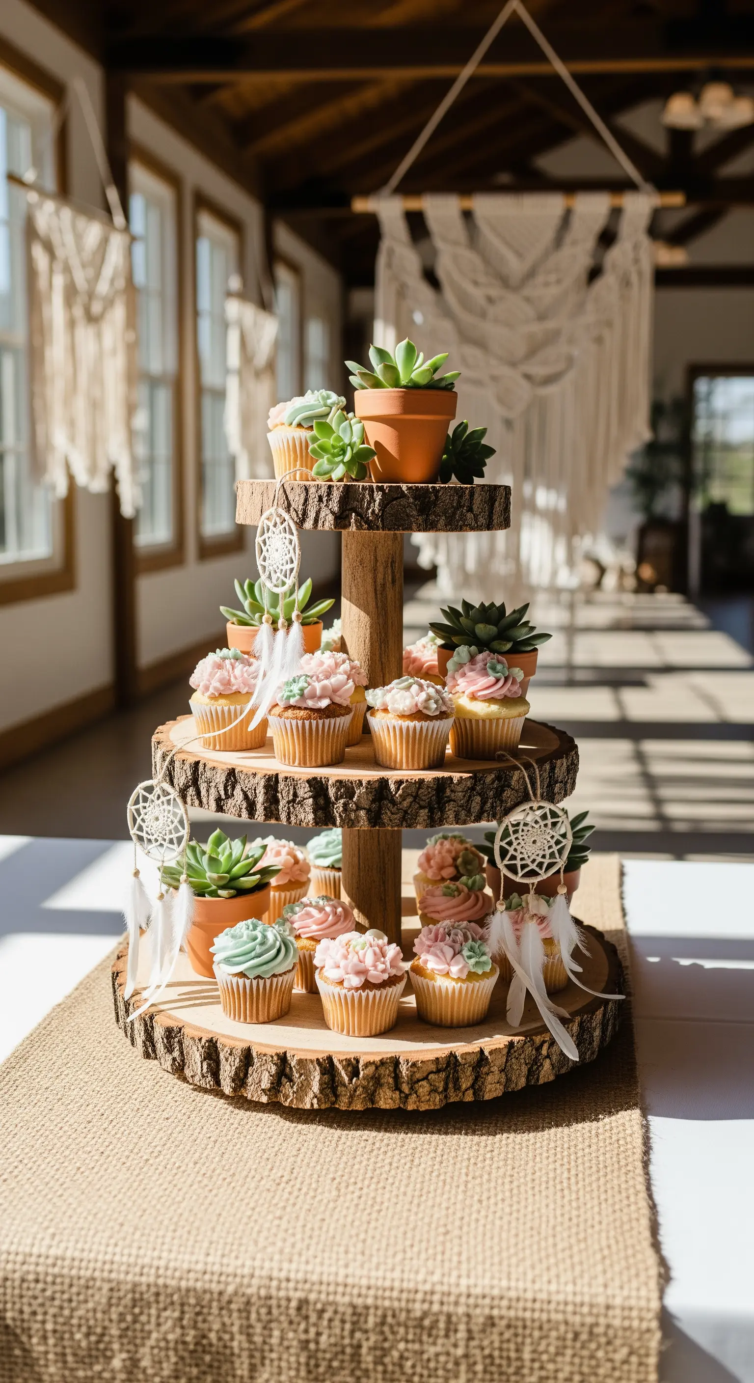 Rustikale Holzscheiben-Etagere mit Cupcakes, Sukkulenten und kleinen Traumfängern im Boho-Stil.
