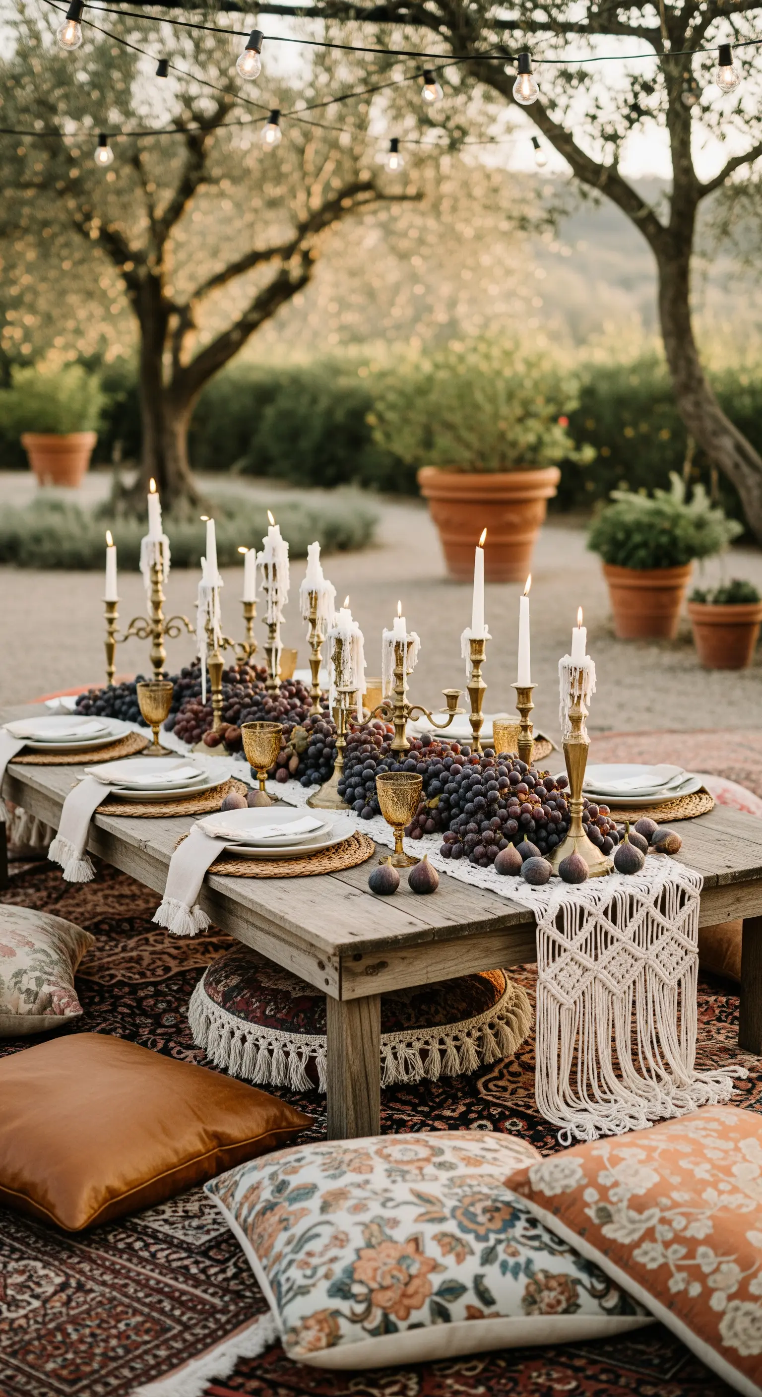 Boho-Tafel mit Makramee-Läufer, Trauben, Feigen, goldenen Kerzenständern und Bodenkissen