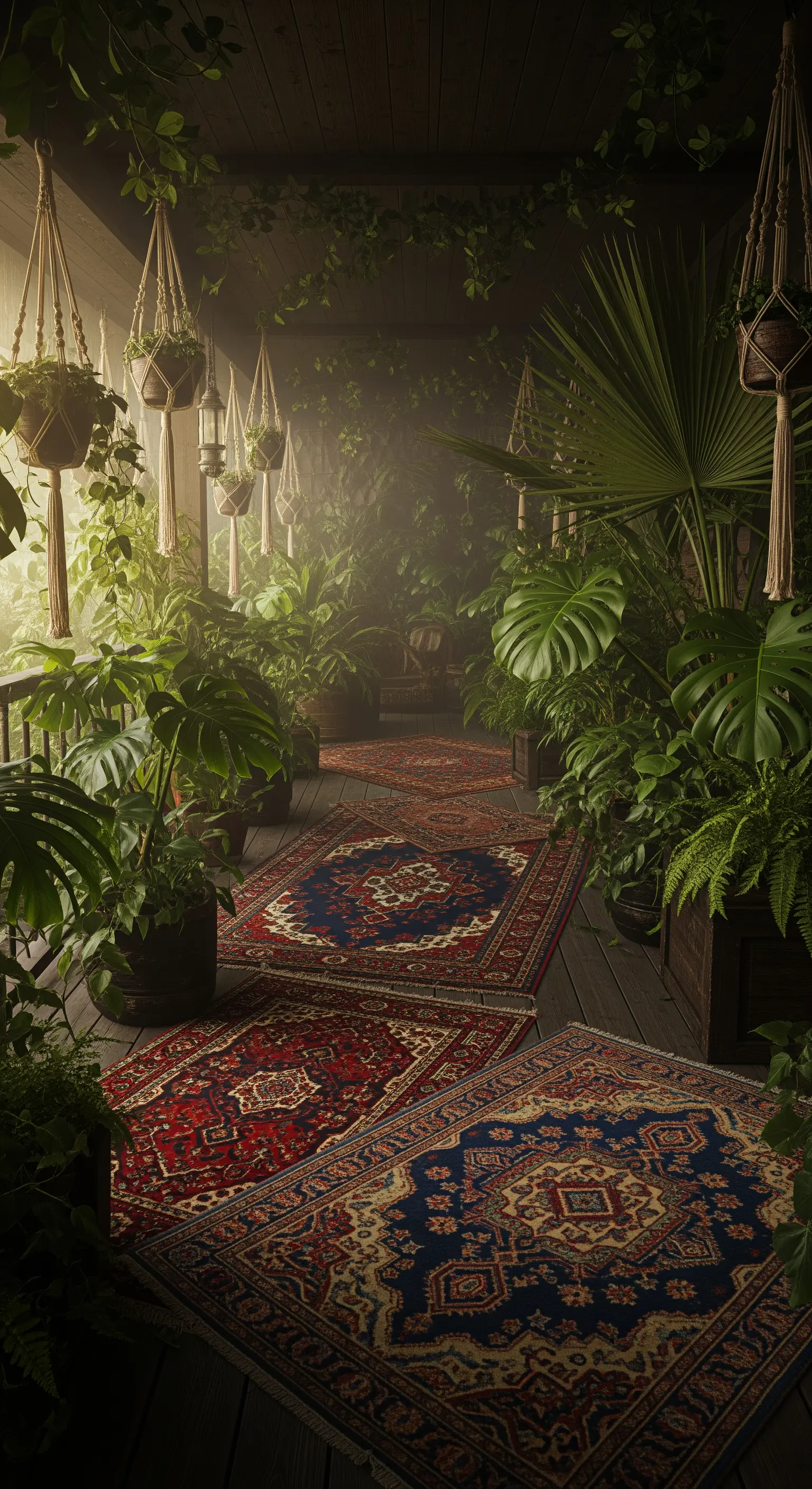 Boho-Veranda mit Teppichen, hängenden Pflanzen und großen Grünpflanzen