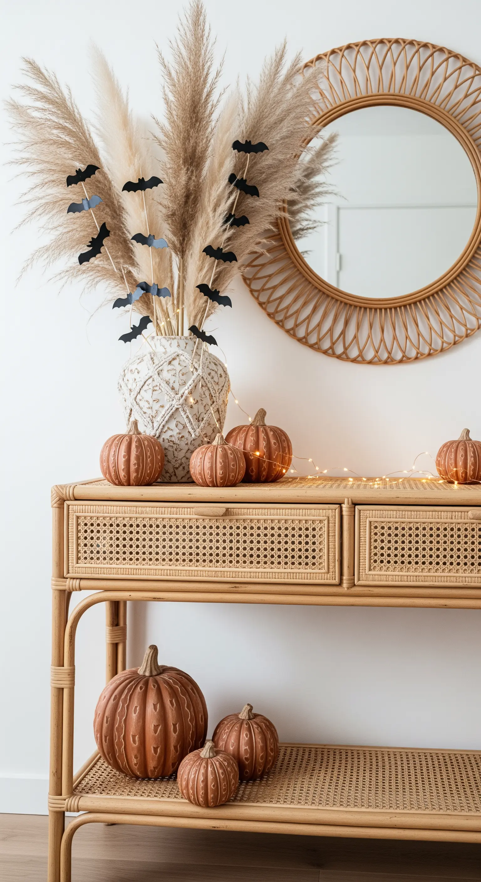 Rattan-Konsole mit Terracotta-Kürbissen, Pampasgras, Fledermaus-Deko und Lichterketten.