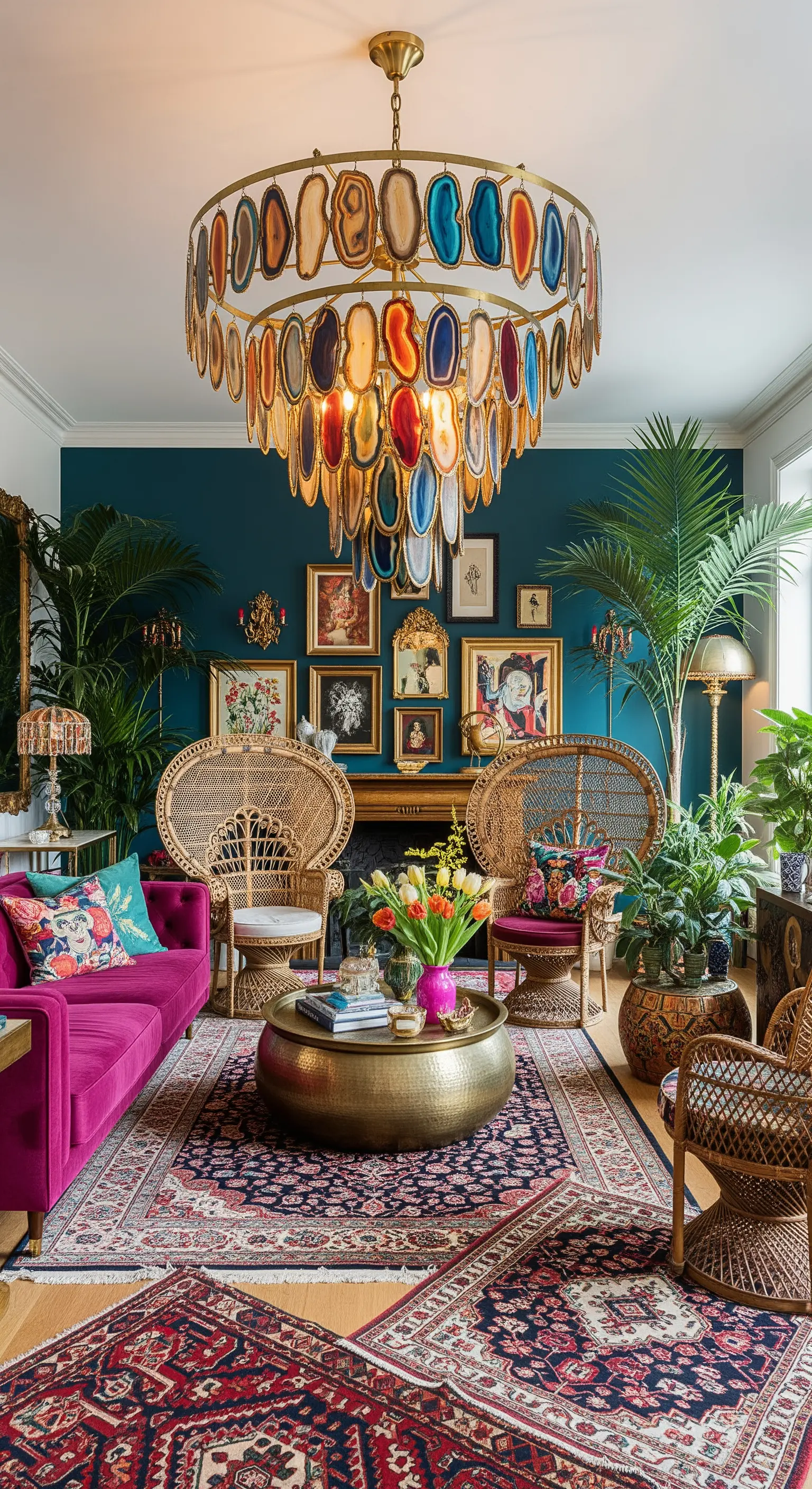 Opulenter Kronleuchter mit bunten Achatscheiben in einem eklektischen Boho-Wohnzimmer.