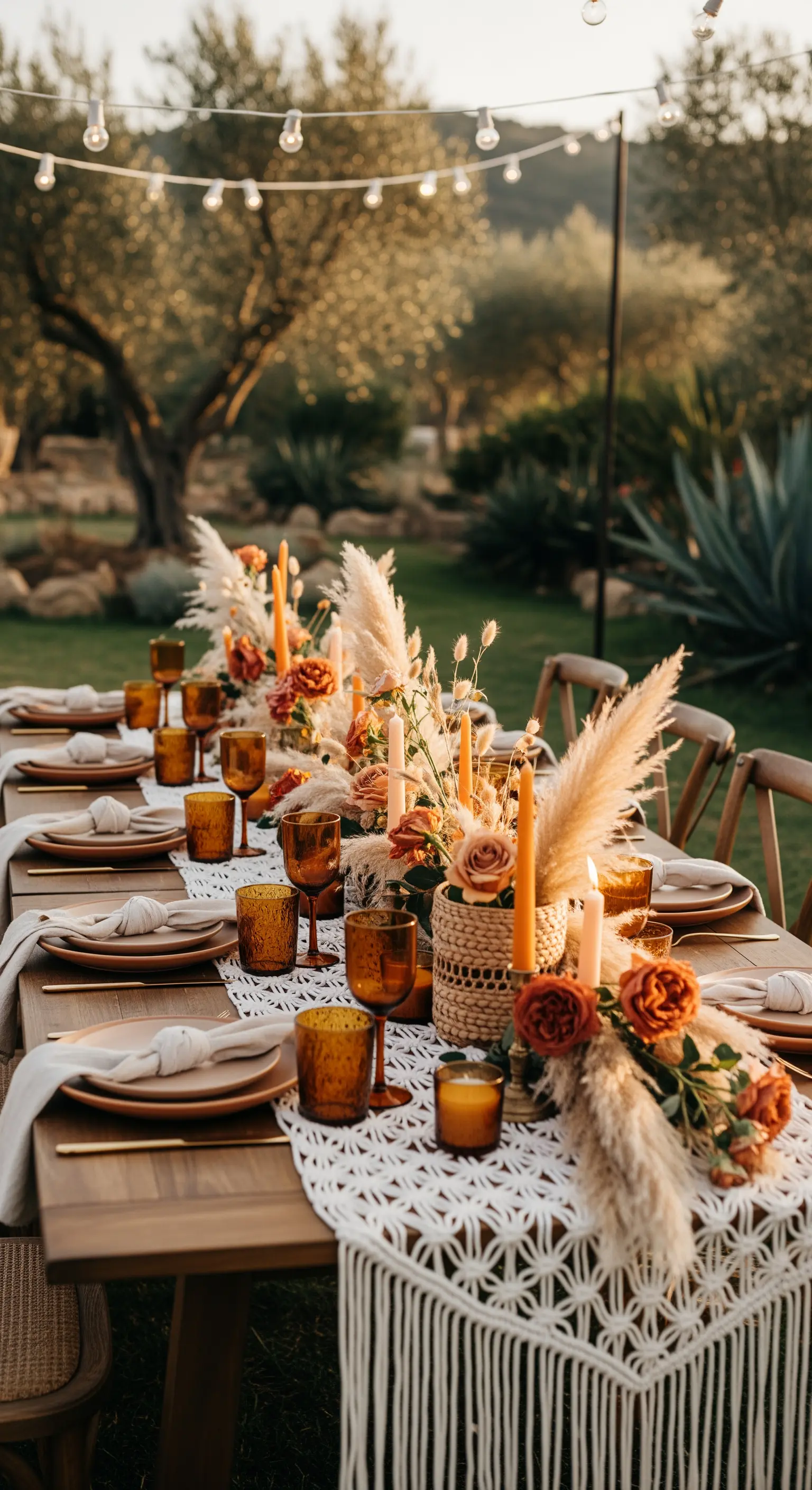 Holztisch mit Makramee-Läufer, Pampasgras, Rosen, orangen Kerzen und Lichterketten.