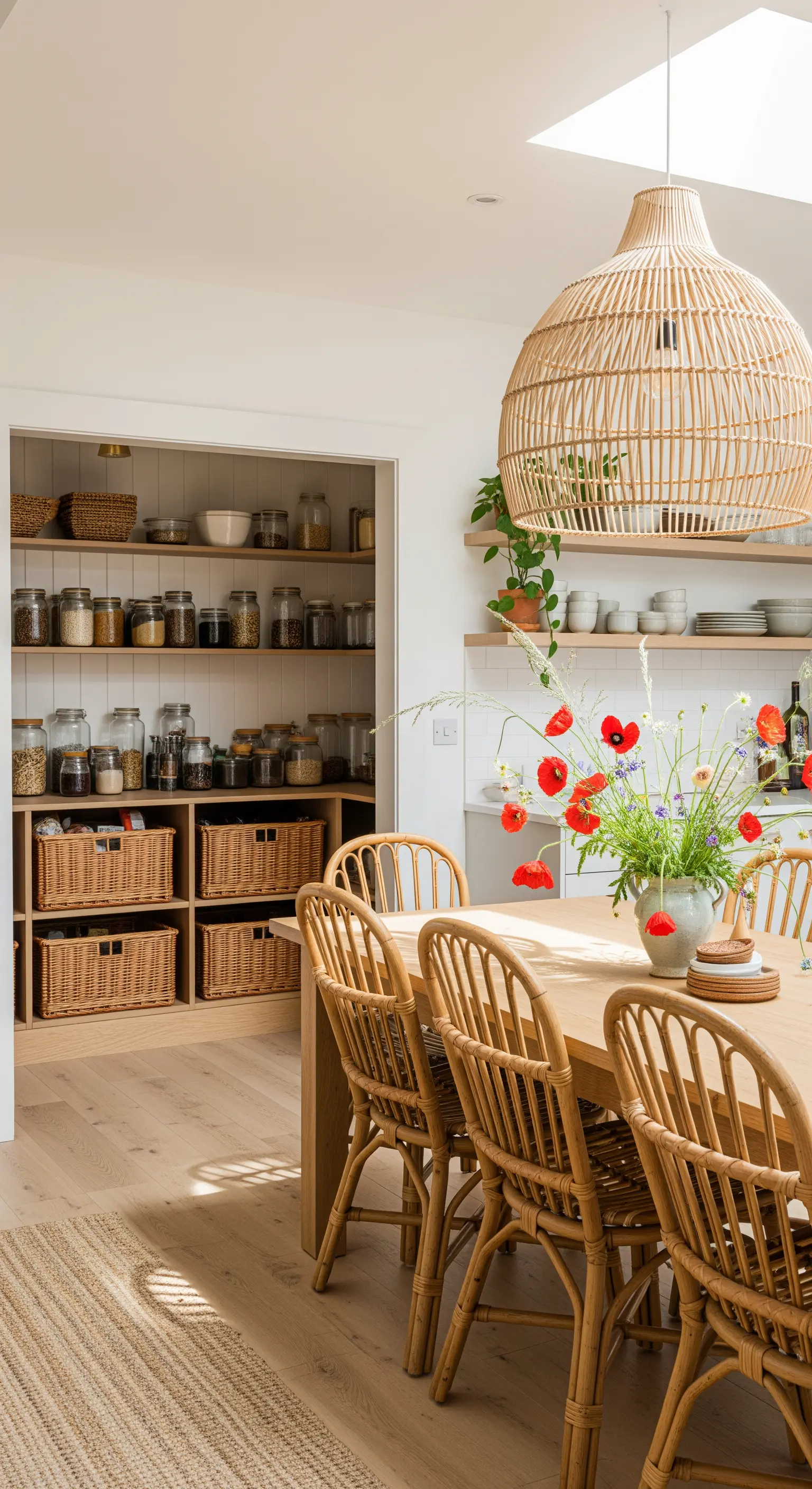 Rattan-Pendelleuchte, Rattanstühle und Wildblumen auf Holztisch