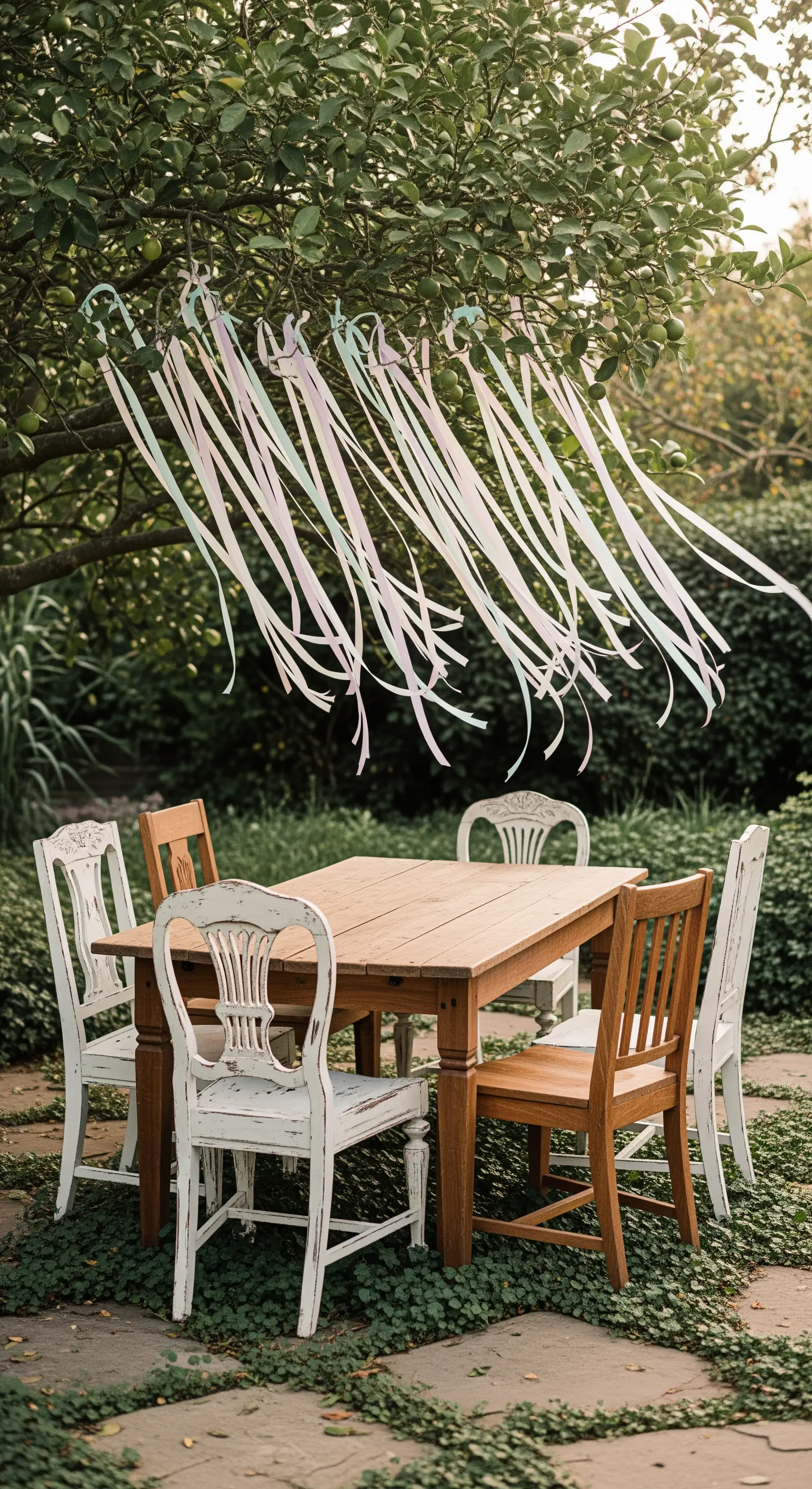 Rustikaler Holztisch mit Stühlen und flatternden Bändern im Garten