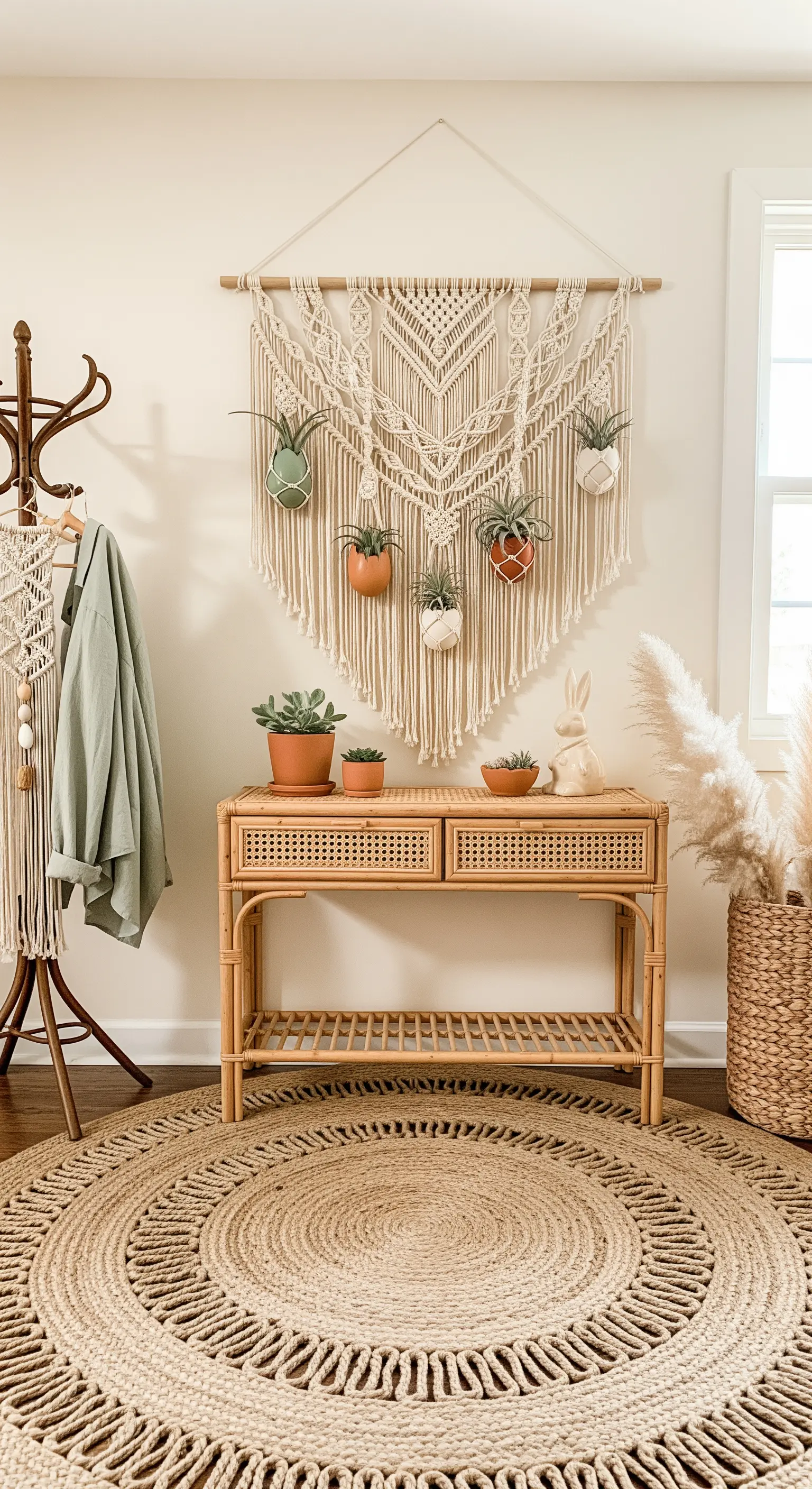 Boho-Flur mit Makramee-Wandbehang, Rattan-Möbeln und Pflanzen