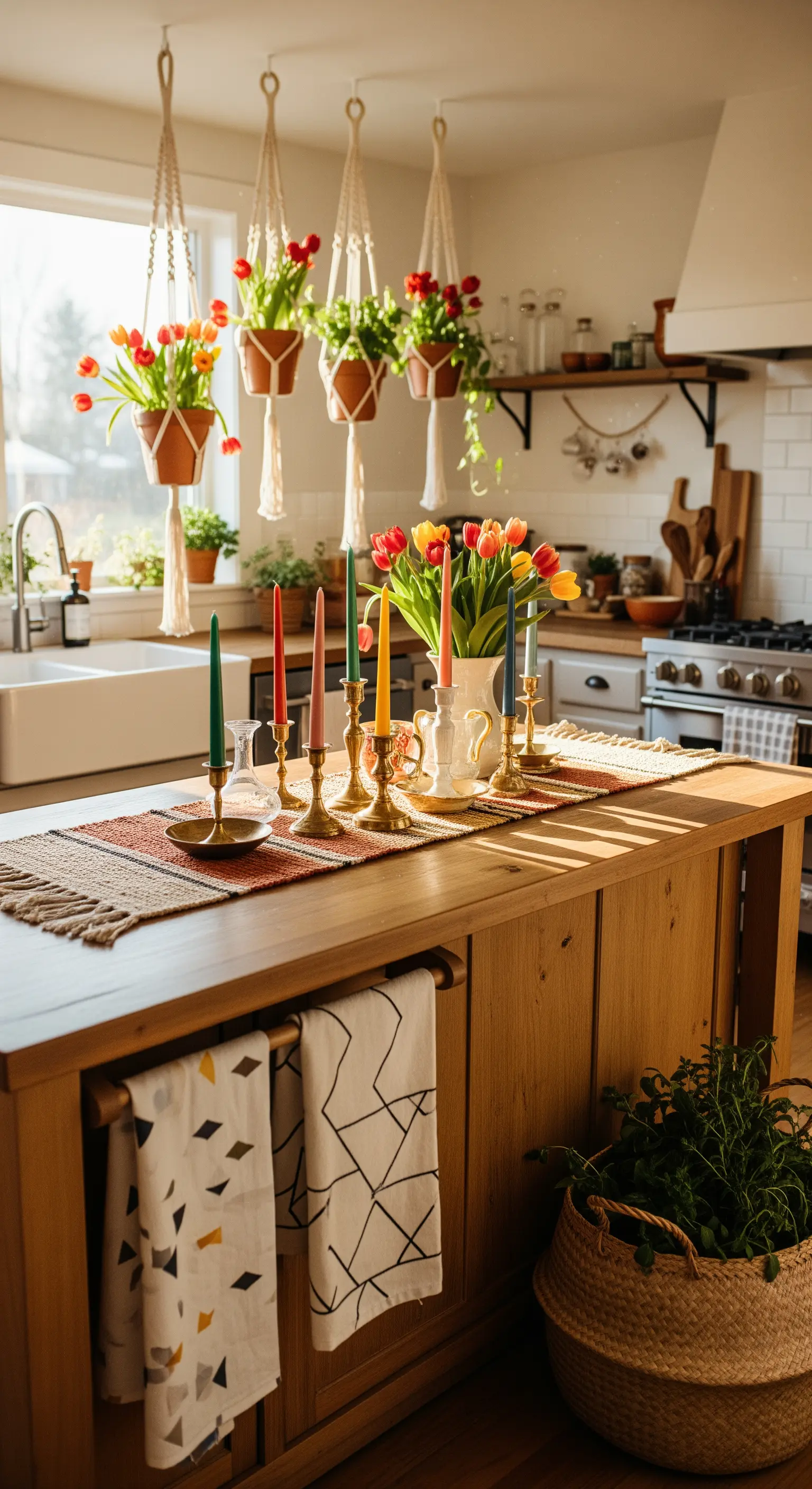 Hängende Tulpen in Makramee, bunte Stabkerzen auf Messingständern auf Holzarbeitsplatte