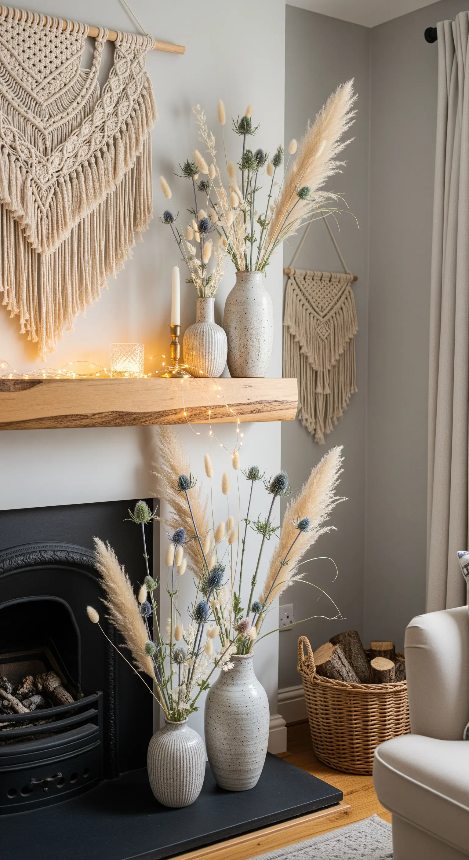 Boho-Kamin mit Pampasgras, Disteln und Makramee-Wandbehang in Erdtönen.