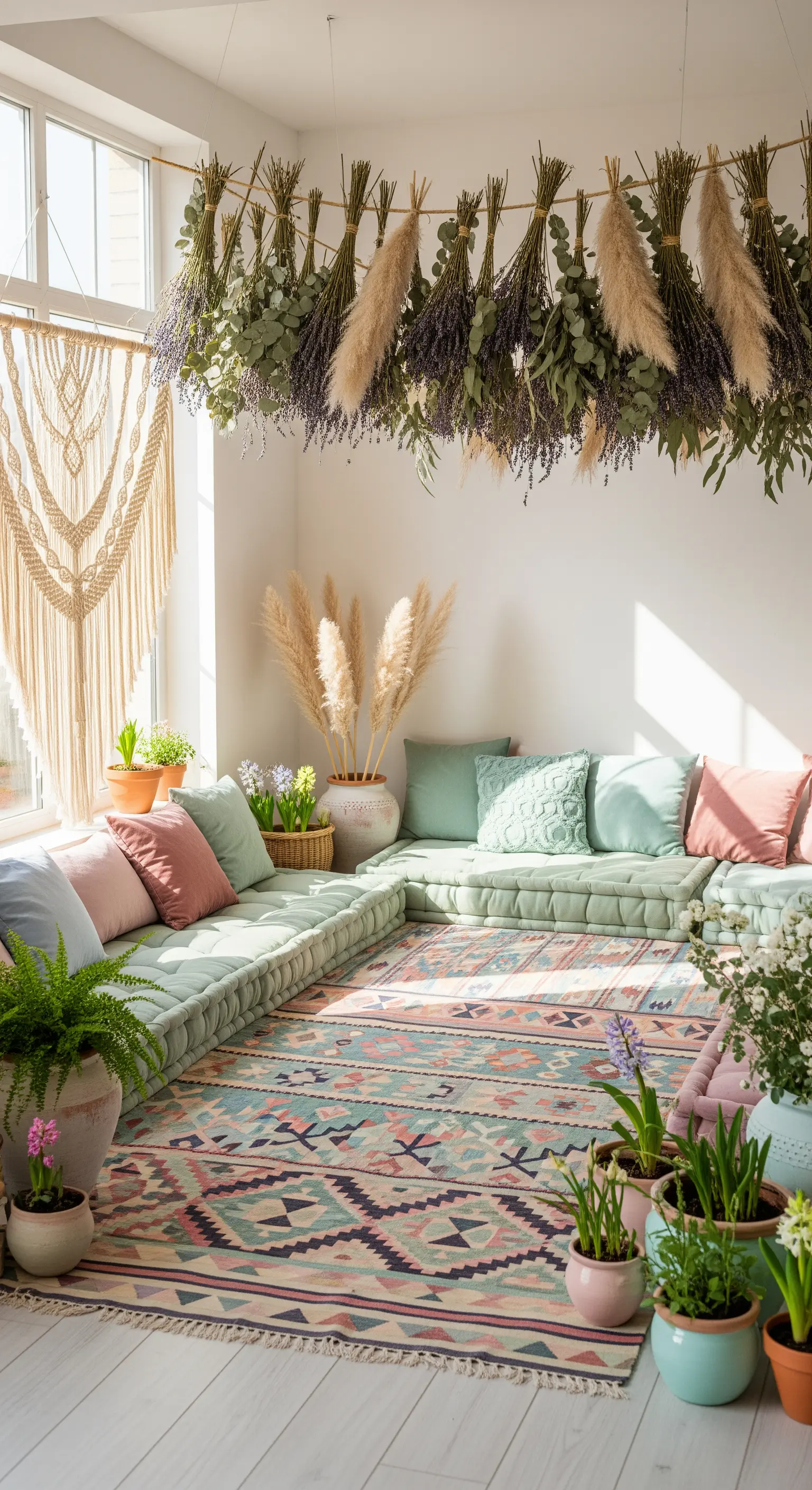 Boho Lounge mit Bodenkissen, Makramee, getrockneten Blumen an der Decke