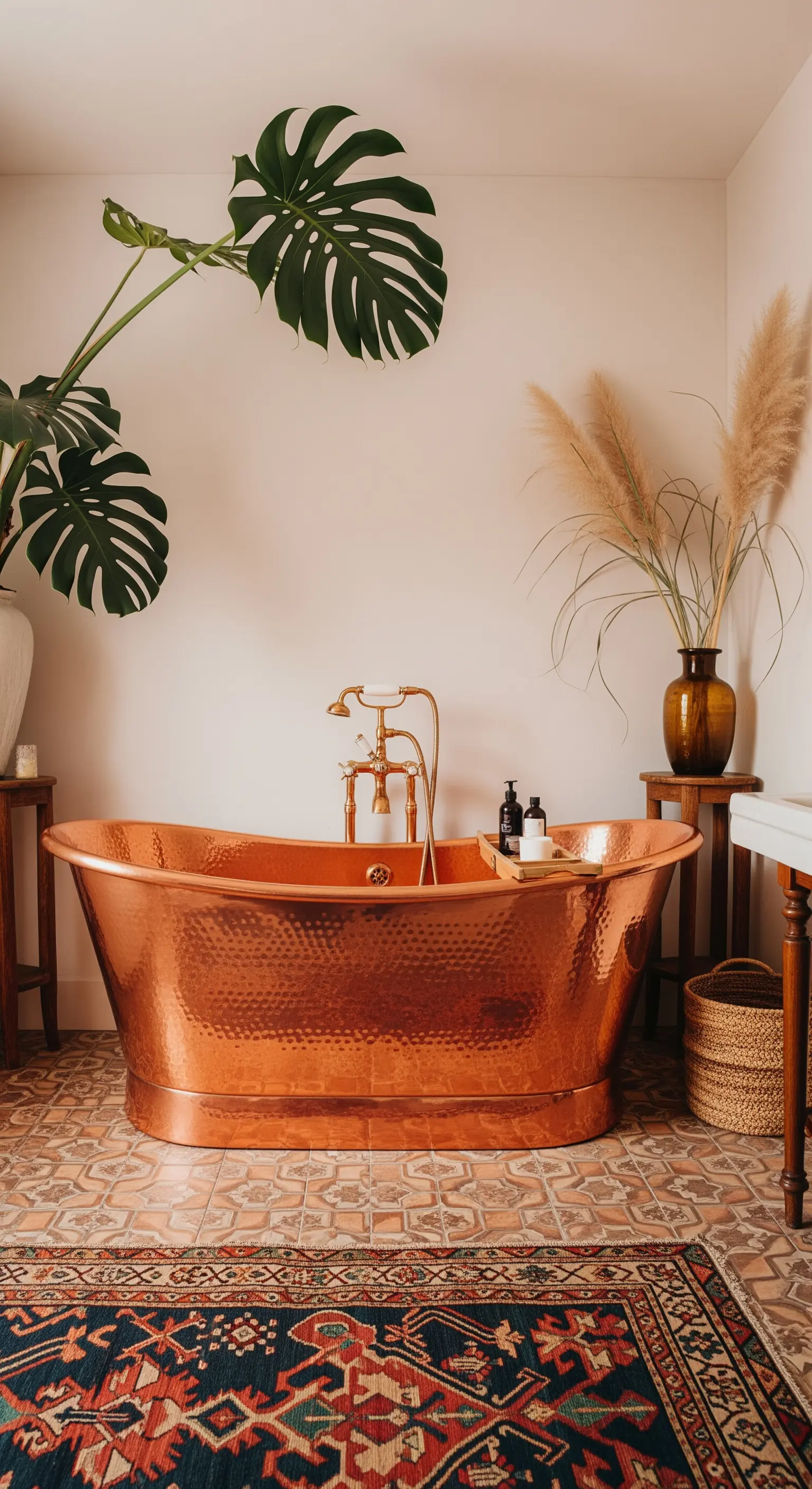 Freistehende Kupfer-Badewanne auf gemusterten Fliesen und einem orientalischen Teppich.