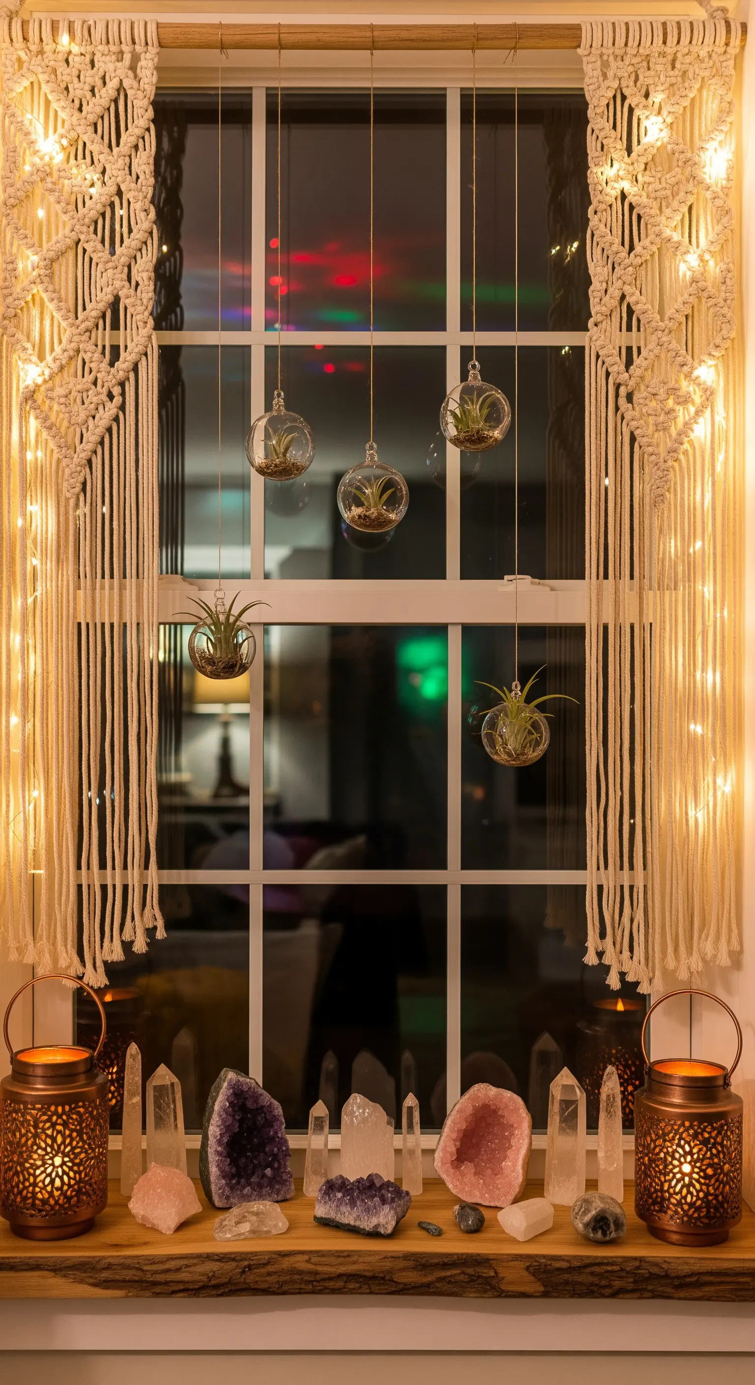 Fenster mit Makramee-Element, Lichterketten, schwebenden Luftpflanzen in Glaskugeln und Kristallen auf Fensterbank
