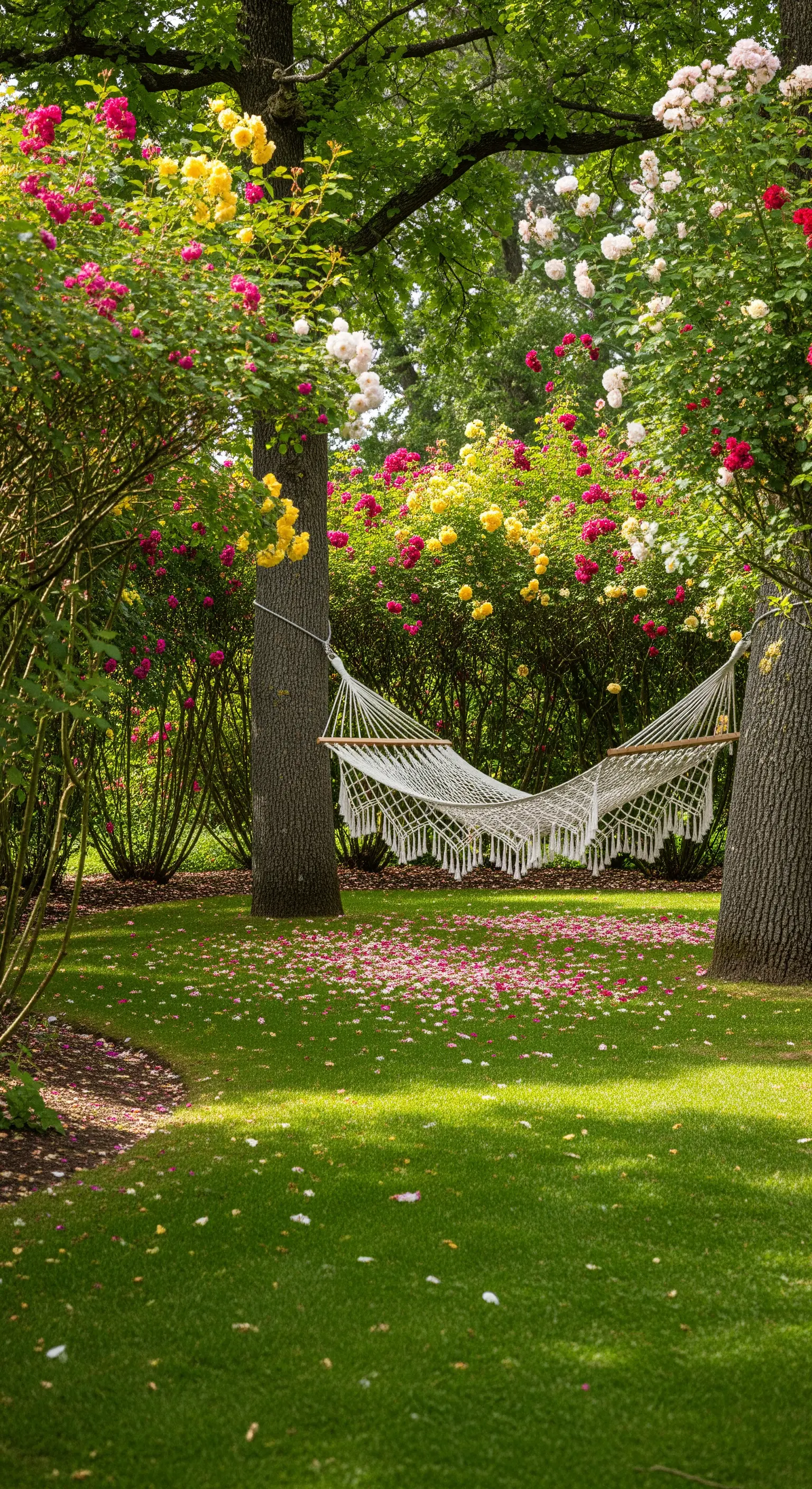 Makramee-Hängematte zwischen Bäumen in einem Garten mit Rosenblüten