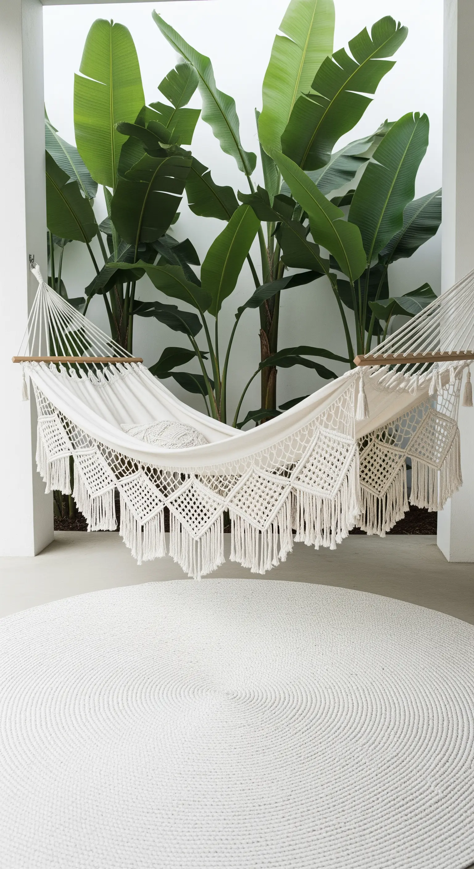 Makramee-Hängematte über rundem Teppich mit tropischen Pflanzen