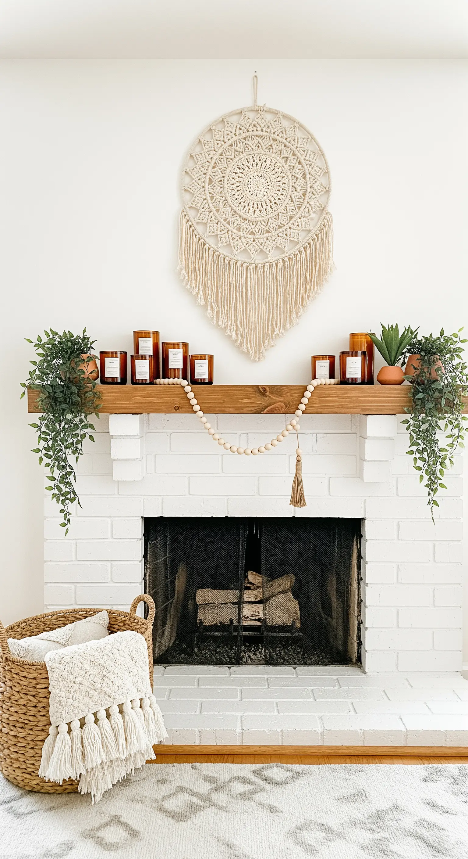 Boho Kamin-Deko mit Makramee-Wandbehang, Kerzen und Holzperlen-Girlande.