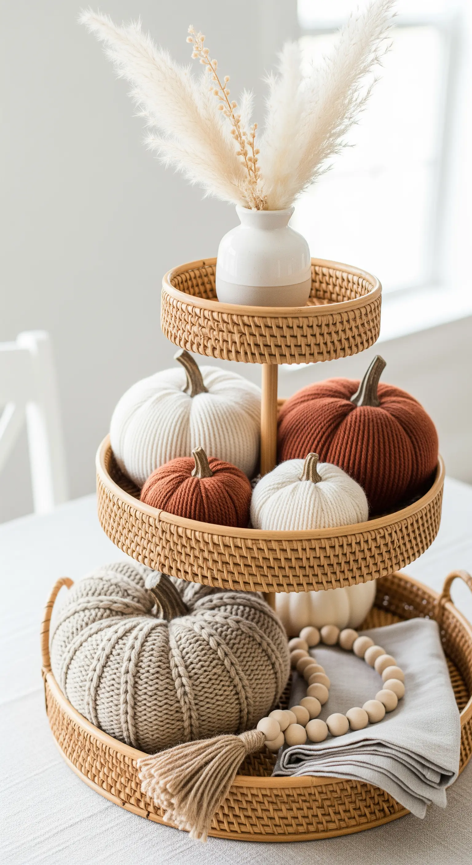 Rattan-Etagere mit gestrickten Kürbissen und Pampasgras