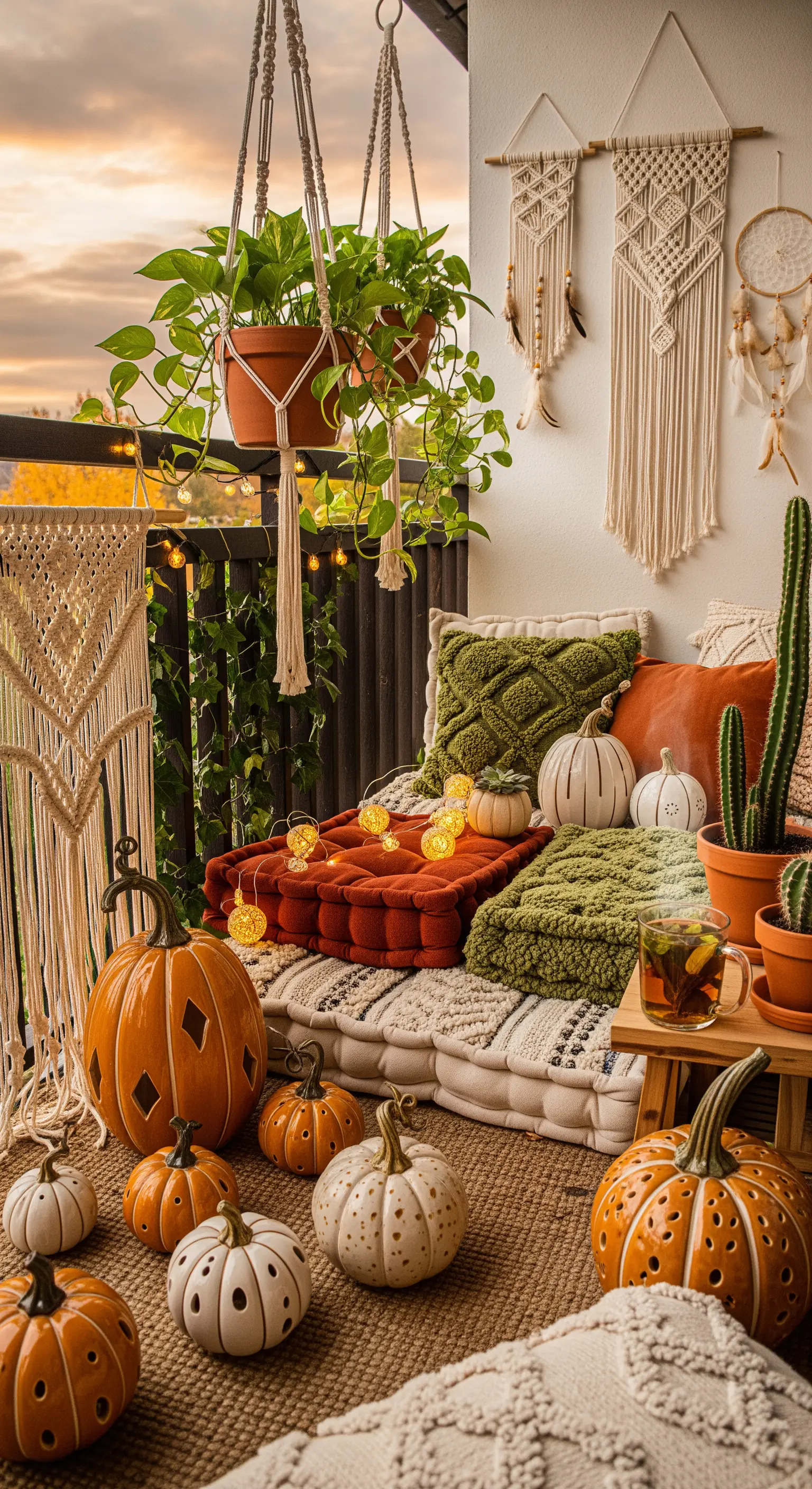 Boho-Balkon mit Bodenkissen, Makramee, Lichterketten und vielen orange-weißen Keramikkürbissen.
