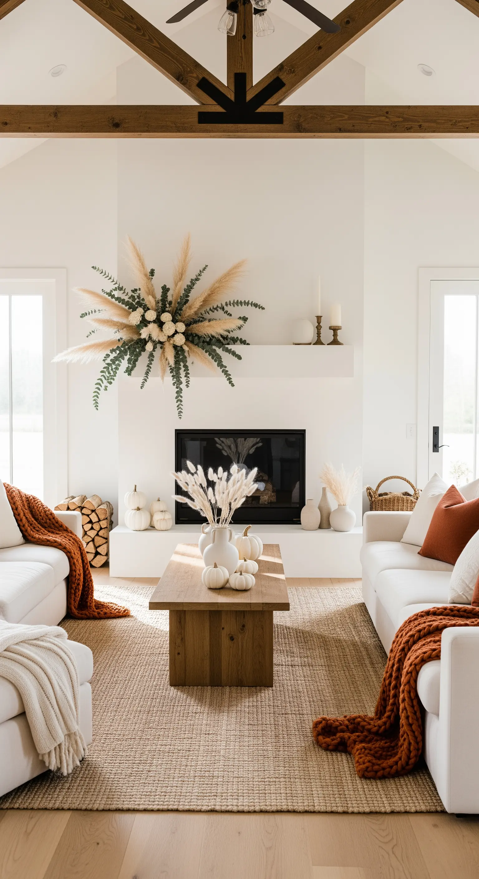 Pampasgras-Wanddeko über Kamin, Boho-Wohnzimmer