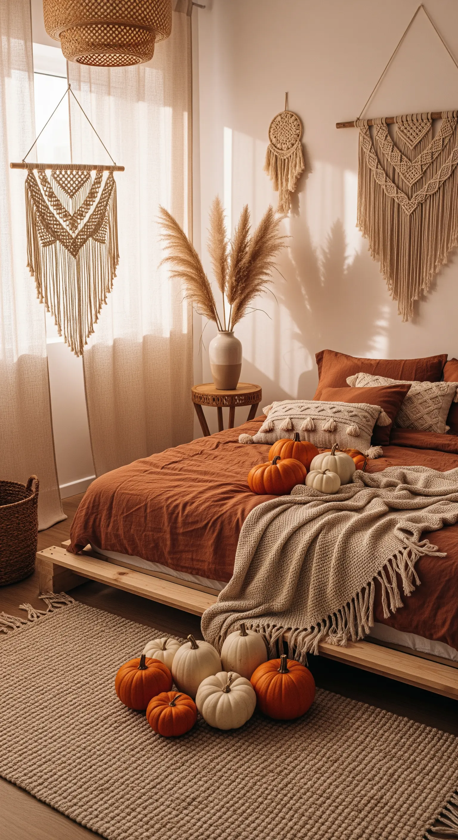 Boho Schlafzimmer Deko mit rustikalen Kürbissen, Makramee und Pampasgras