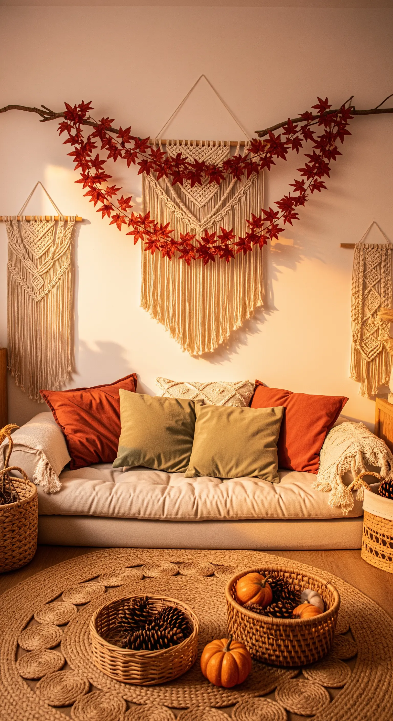 Boho Wohnzimmer mit Makramee, rustikalen Körben und roten Blättern.