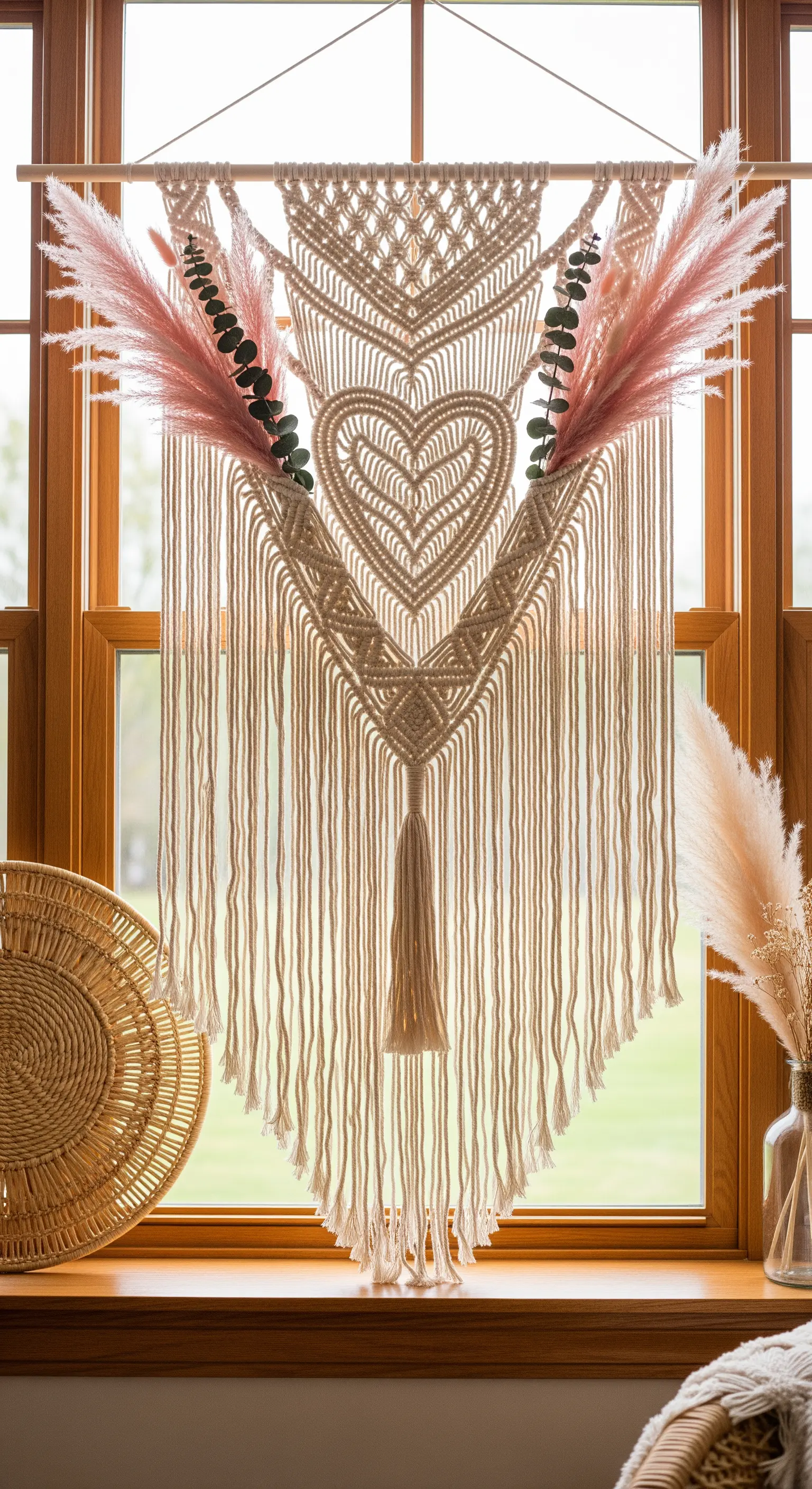 Großer Makramee-Wandbehang mit Herzmuster und rosa Pampasgras, der in einem Holzfenster hängt.