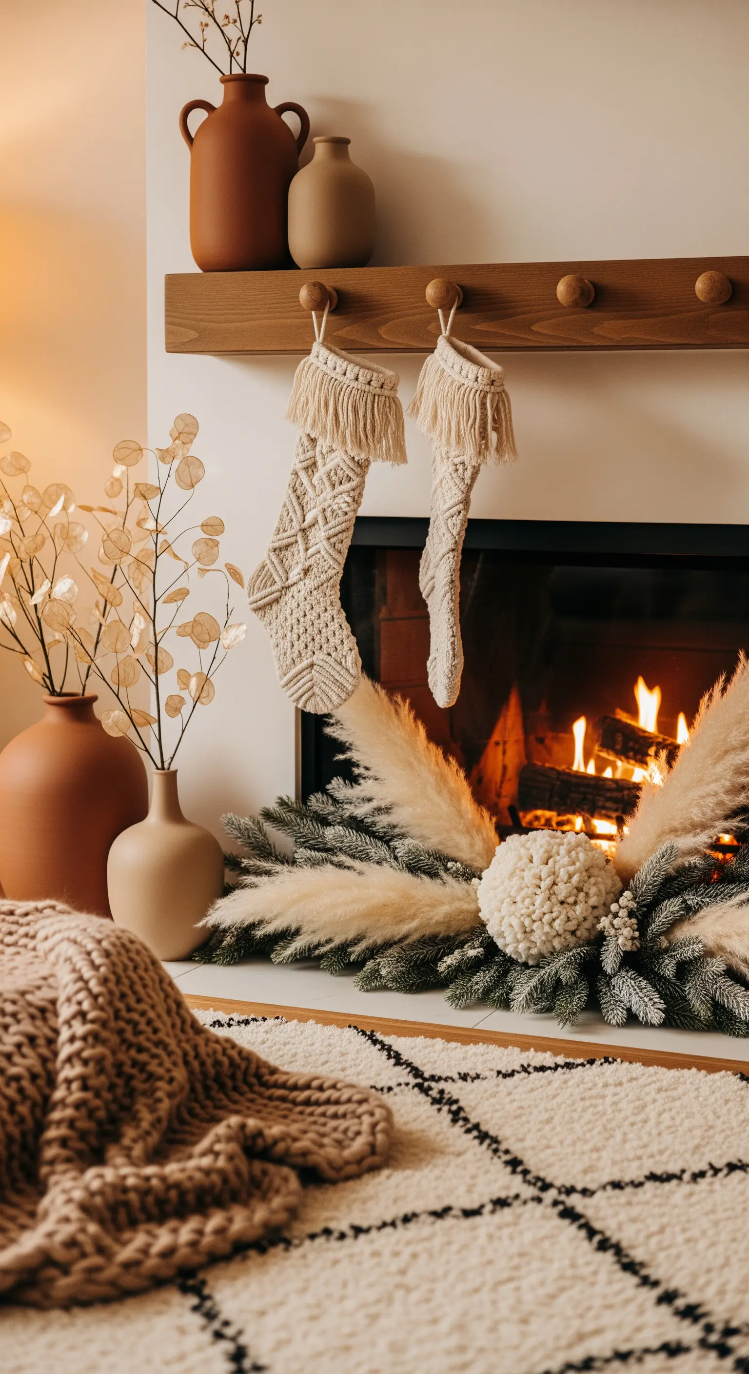 Moderner Holzkamin mit Makramee-Strümpfen, Pampasgras und warmen Erdtönen