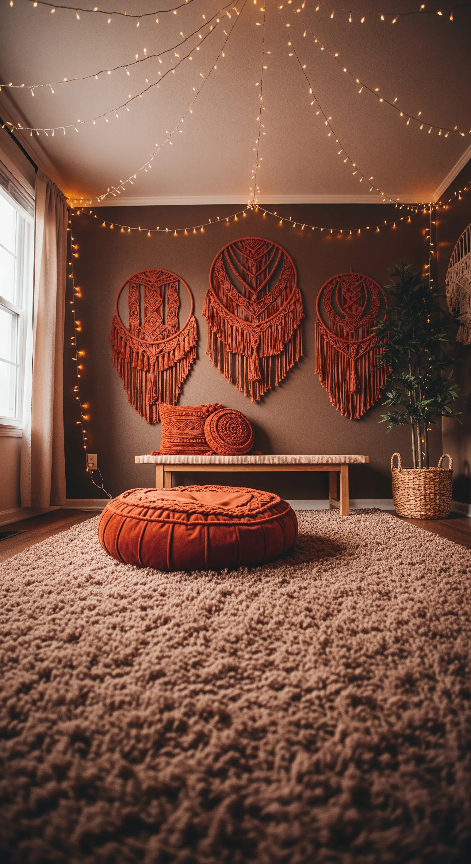 Boho-Wohnzimmer mit Makramee-Wandbehängen, Lichterketten und Pouf