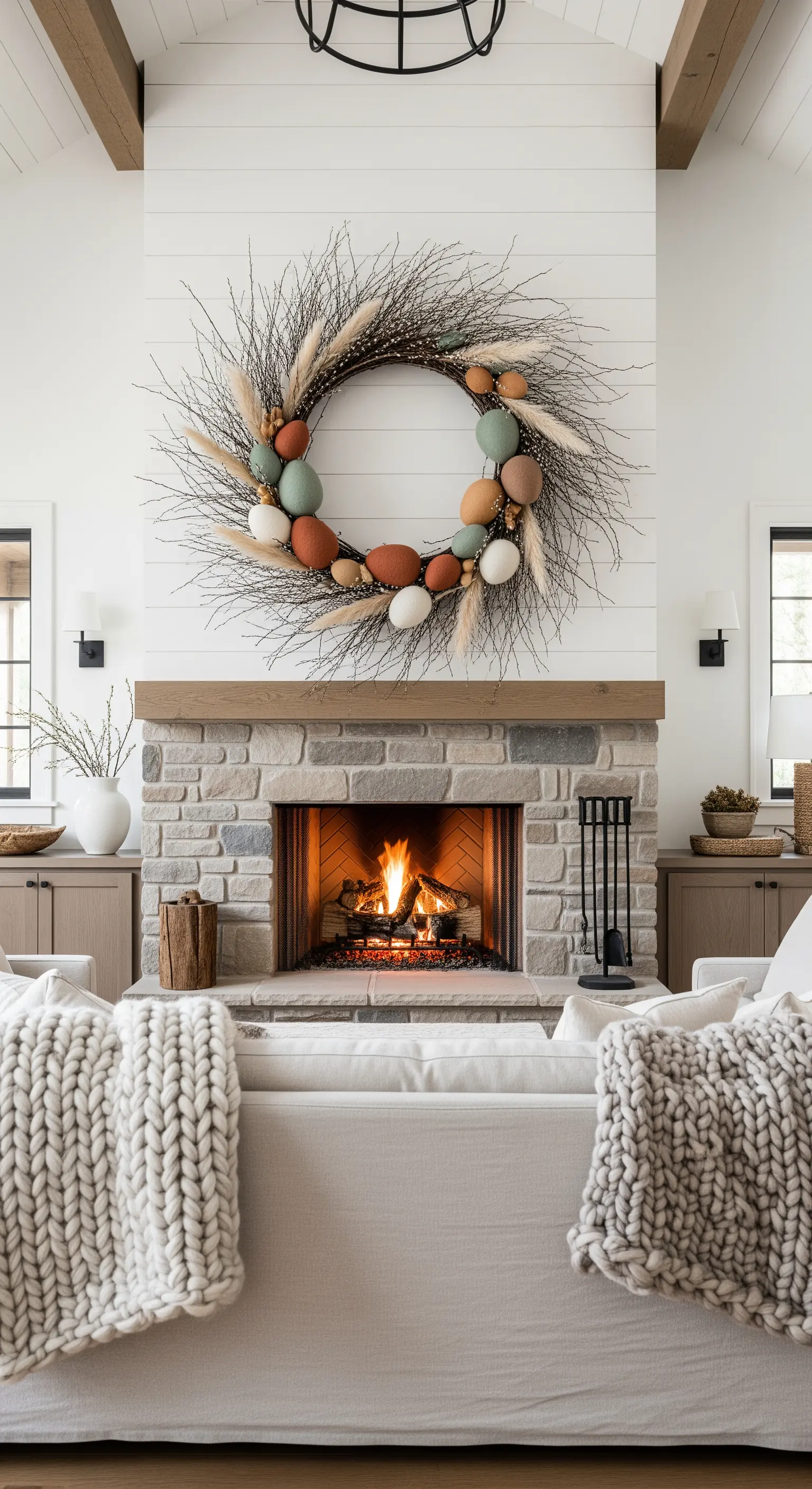 Großer Osterkranz aus Zweigen und Pampasgras über dem Kamin