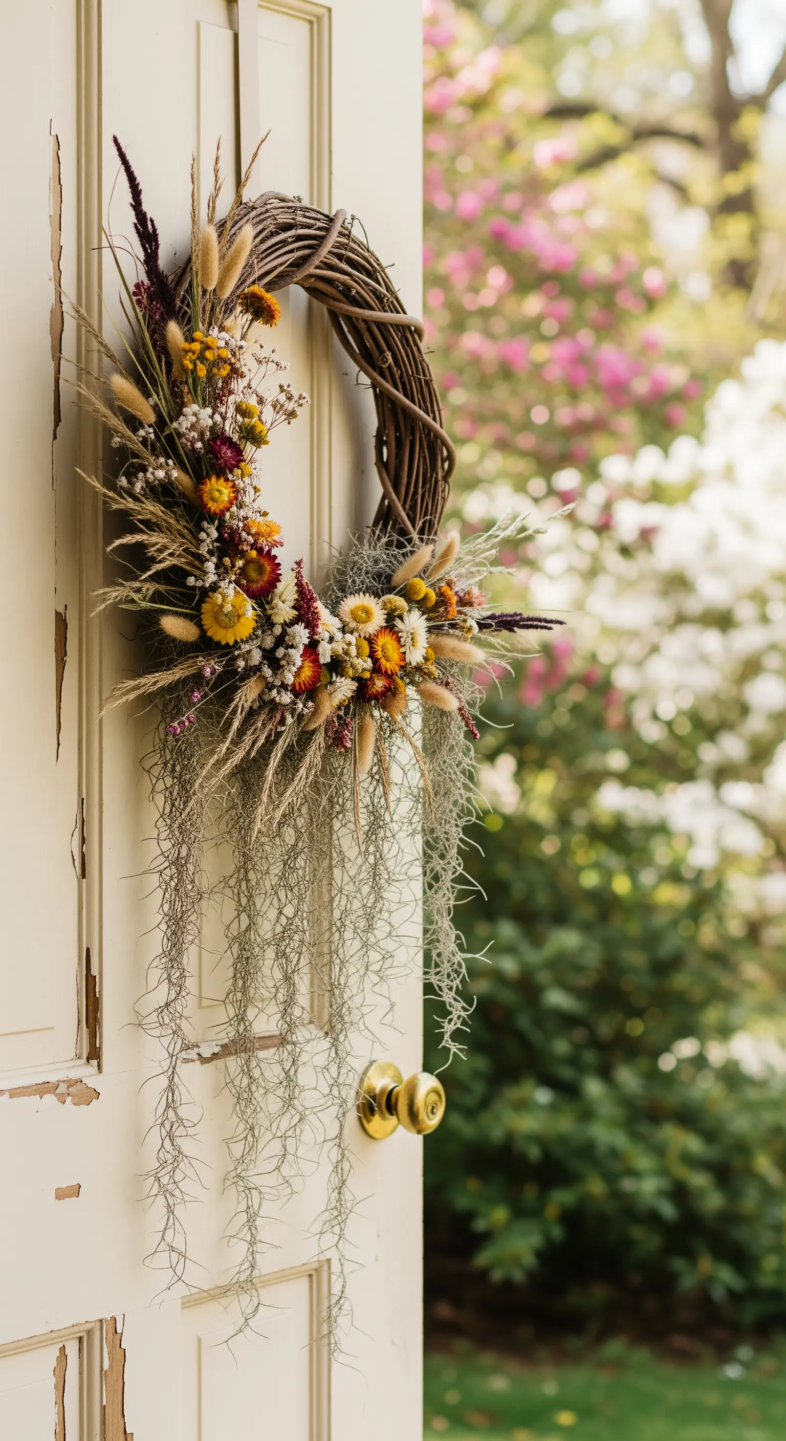 Trockenblumenkranz mit Pampasgras und Spanischem Moos auf Vintage-Tür