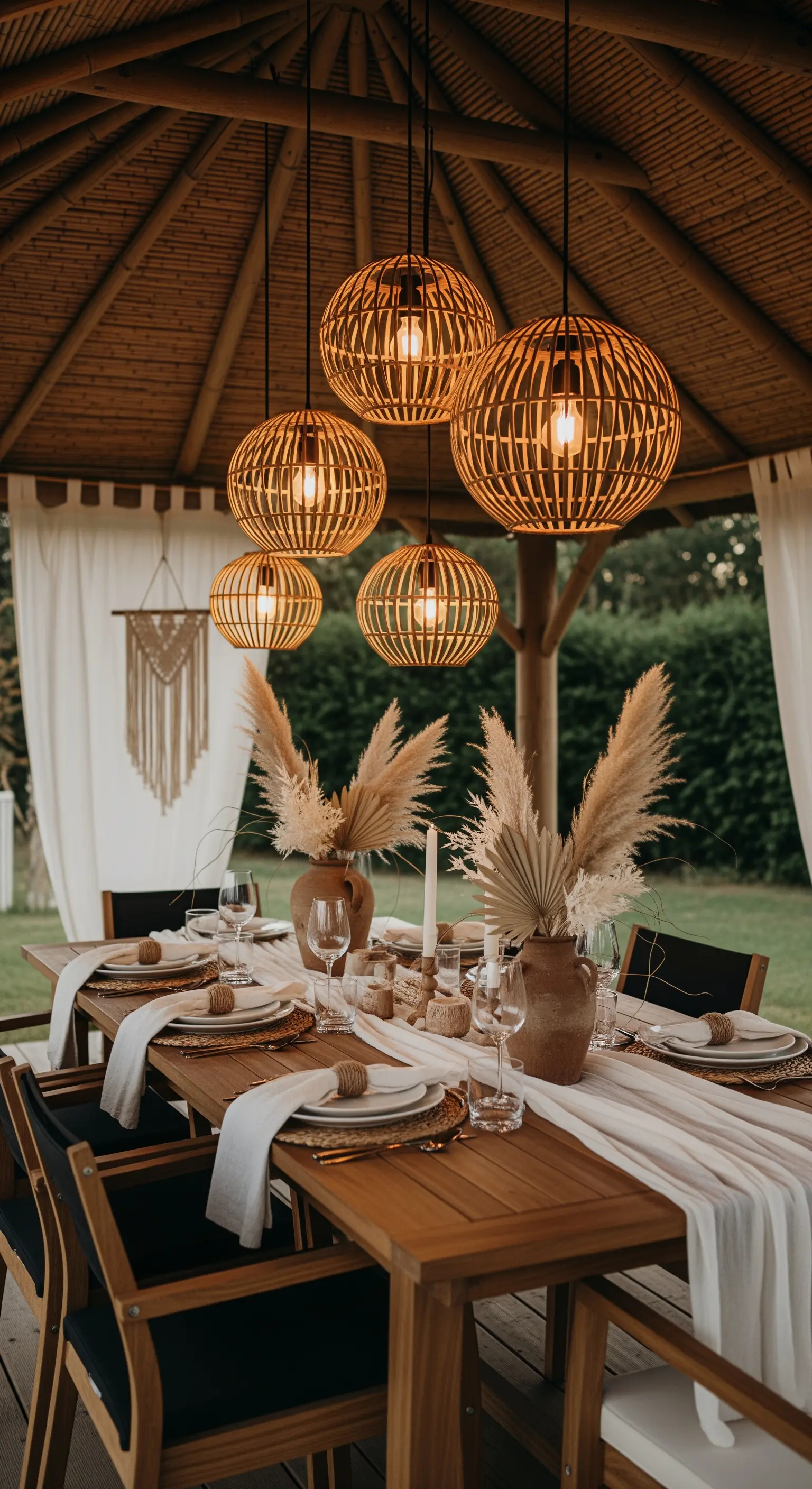 Überdachter Esstisch mit Bastlampen, Pampasgras-Deko und Leinentextilien