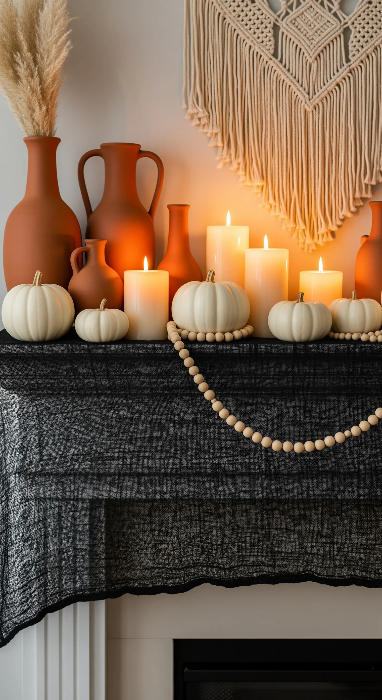 Kamin mit schwarzer Gaze, weißen Kürbissen, Terracotta-Vasen und Kerzen.