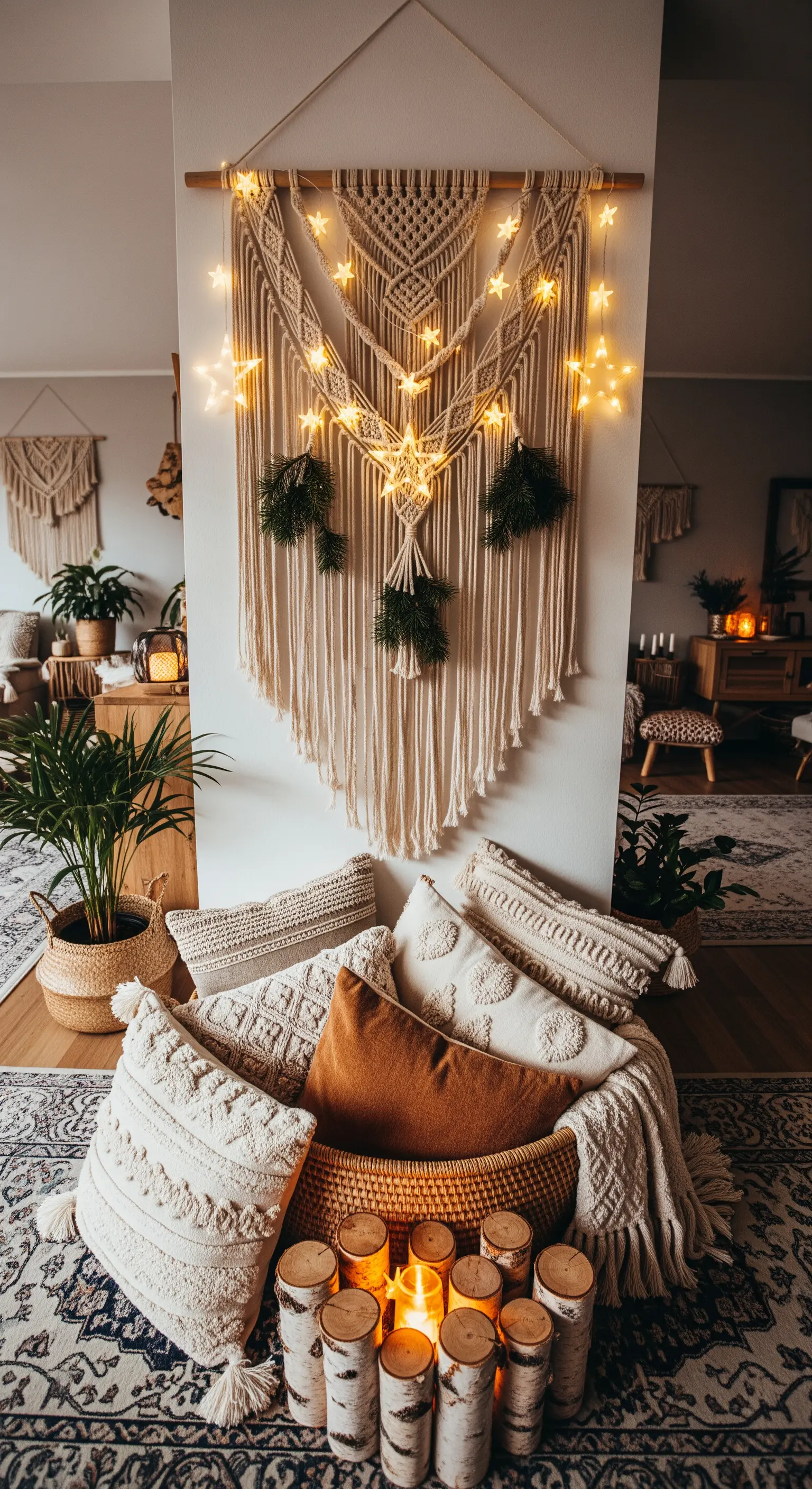 Boho Makramee-Wandbehang mit Sternenlichtern, Kissenkorb und Baumstamm-Kerzen.