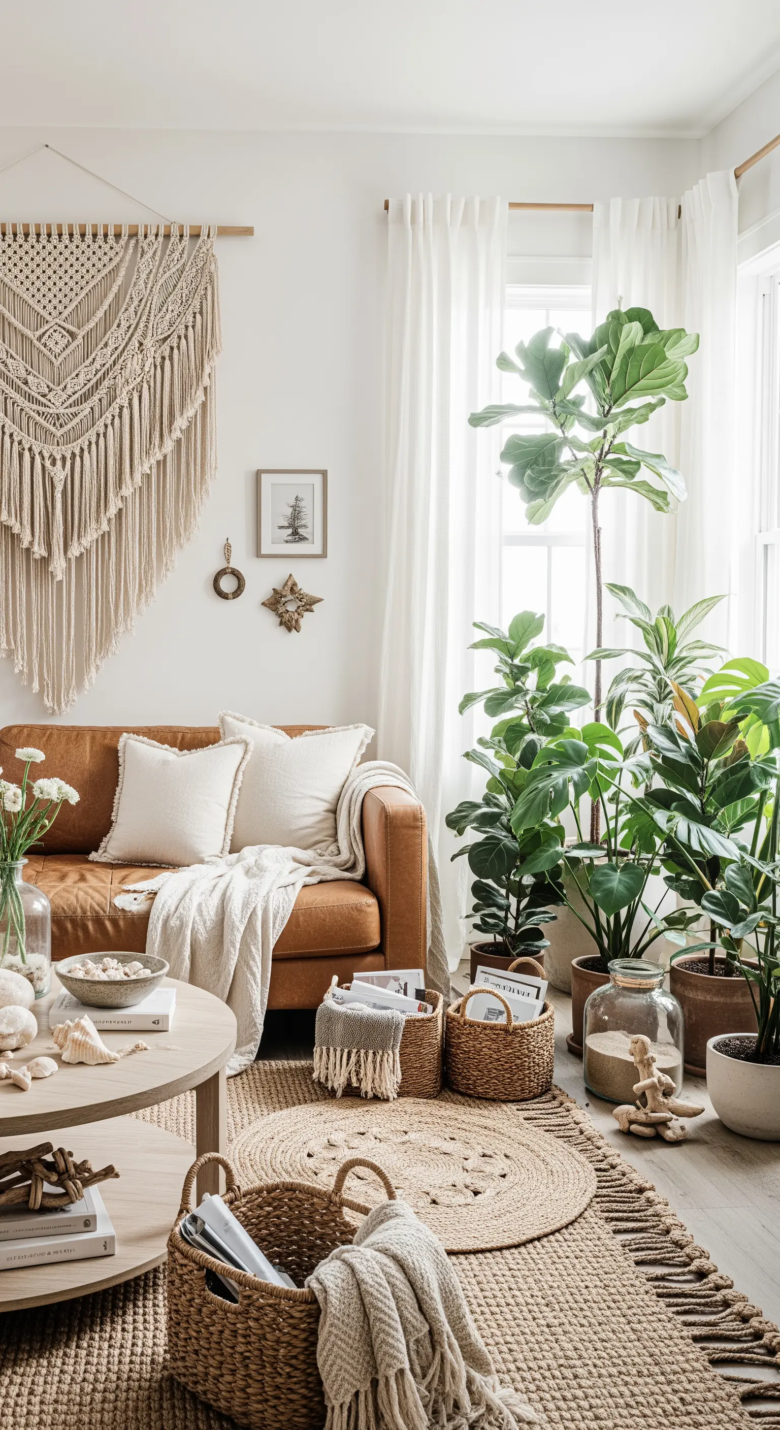 Boho-Wohnzimmer mit Ledersofa, Makramee, vielen Pflanzen und Naturmaterialien.