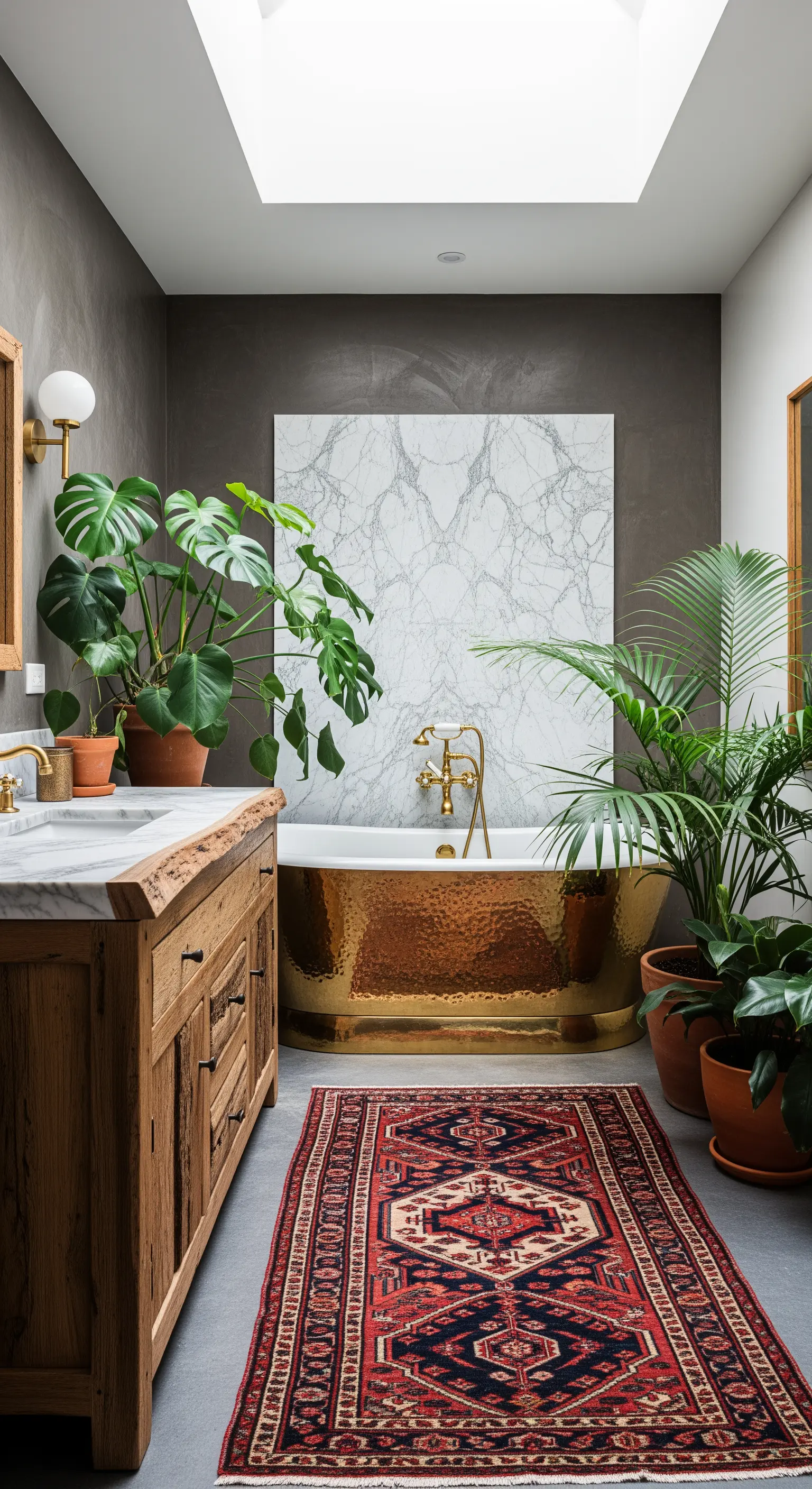 Badezimmer mit einer Badewanne aus gehämmertem Messing, vielen Pflanzen und einem Orientteppich.