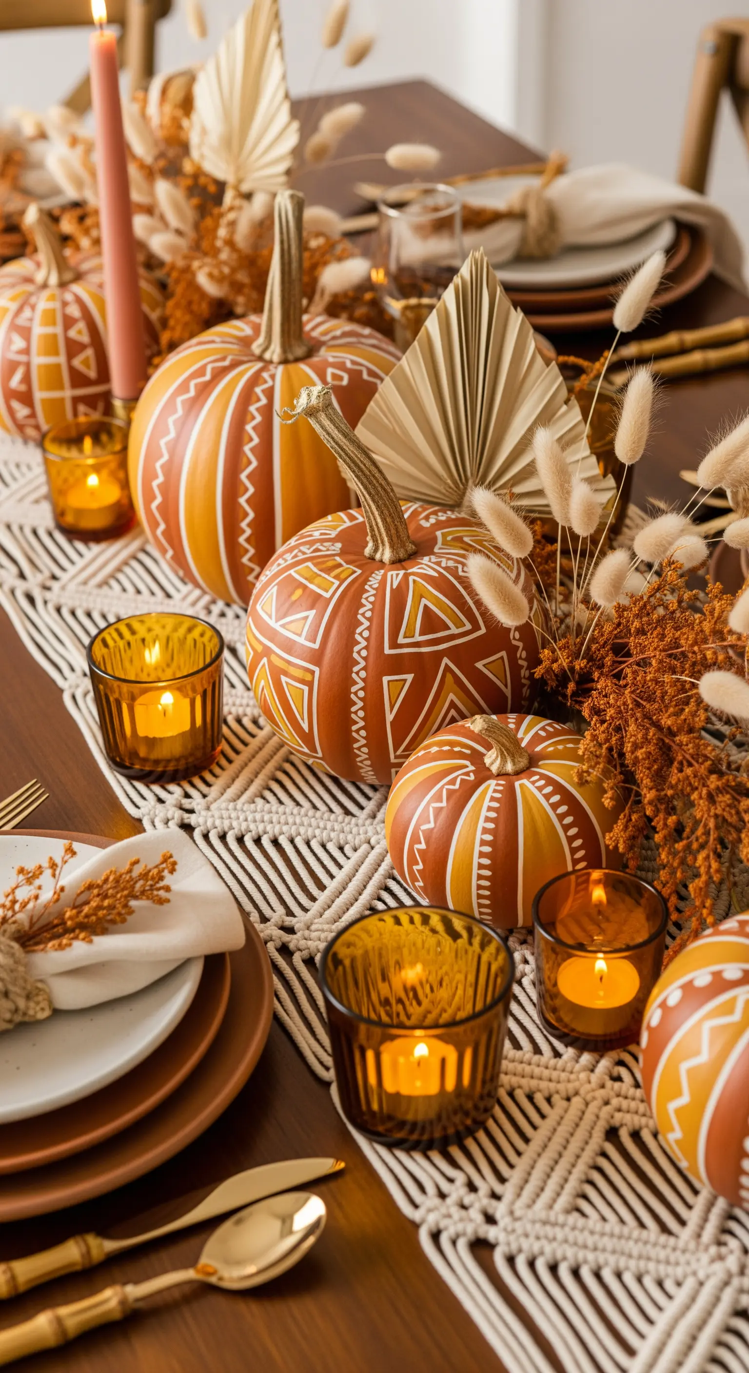 Handbemalte Kürbisse mit geometrischen Mustern im Boho-Stil mit Trockenblumen.