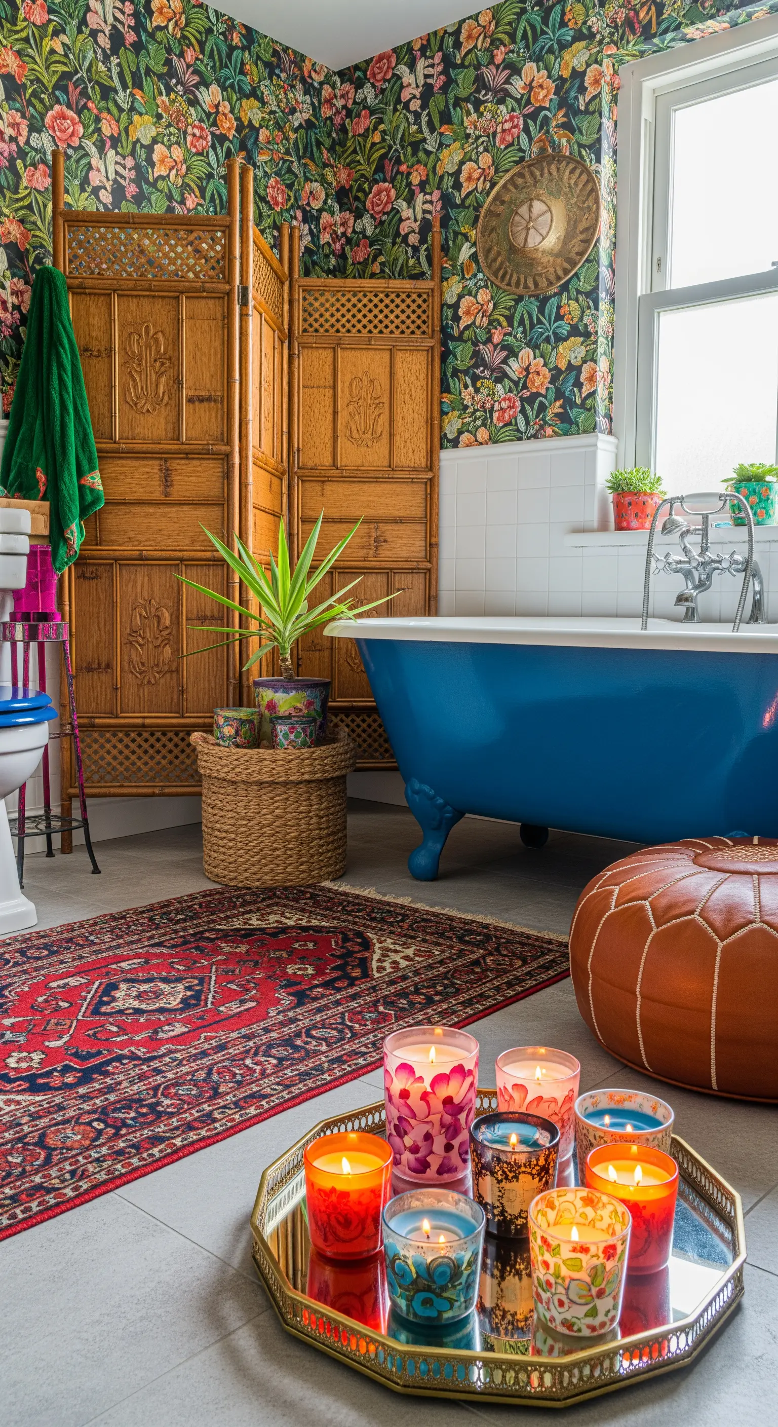 Farbenfrohes Boho-Badezimmer mit Blumentapete, Paravent und bunten Kerzen.