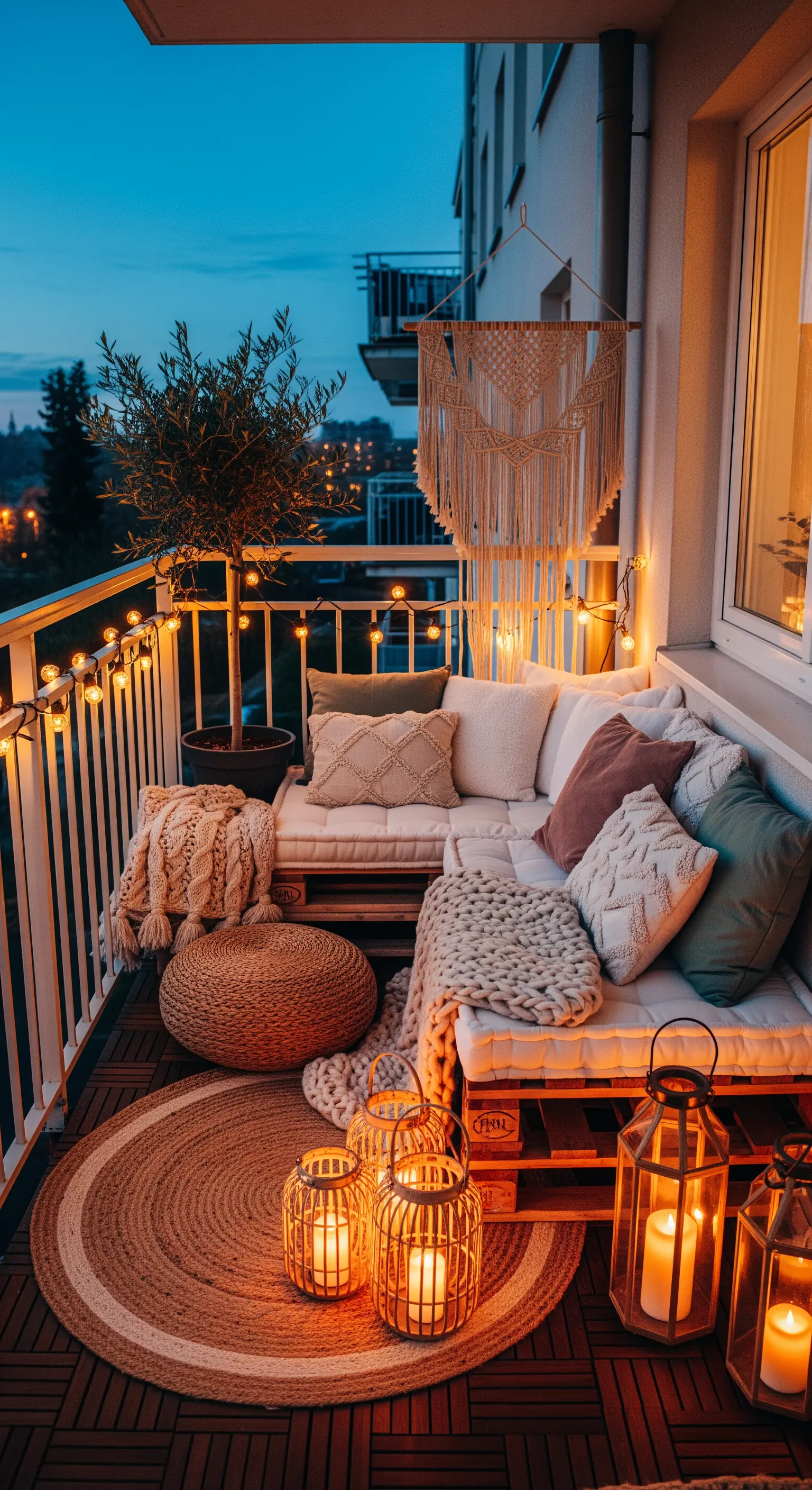Gemütlicher Boho-Balkon mit Palettensofa, Lichterketten und Laternen am Abend.