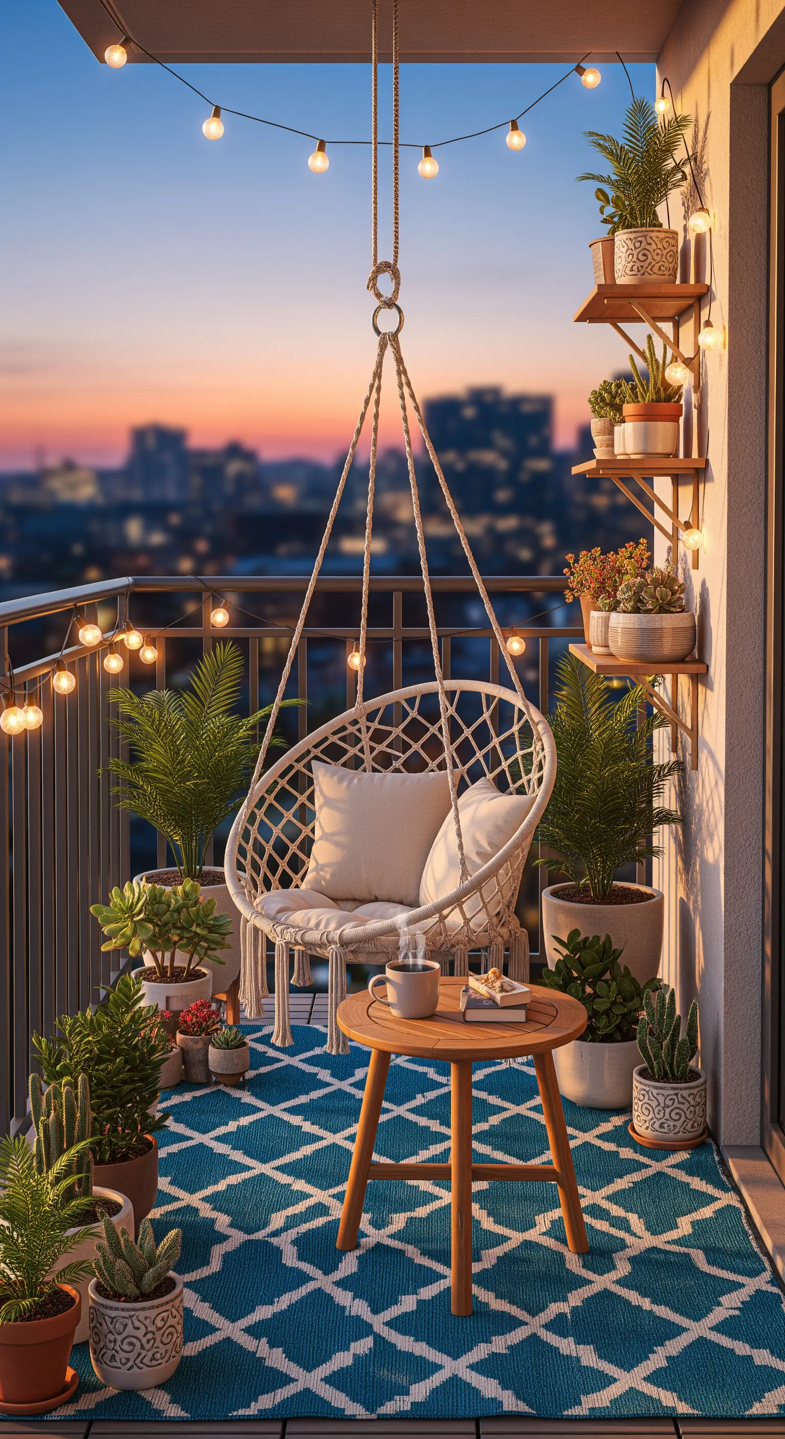Balkon mit Boho-Hängesessel, Lichterketten, blauem Teppich und vielen Pflanzen bei Sonnenuntergang.