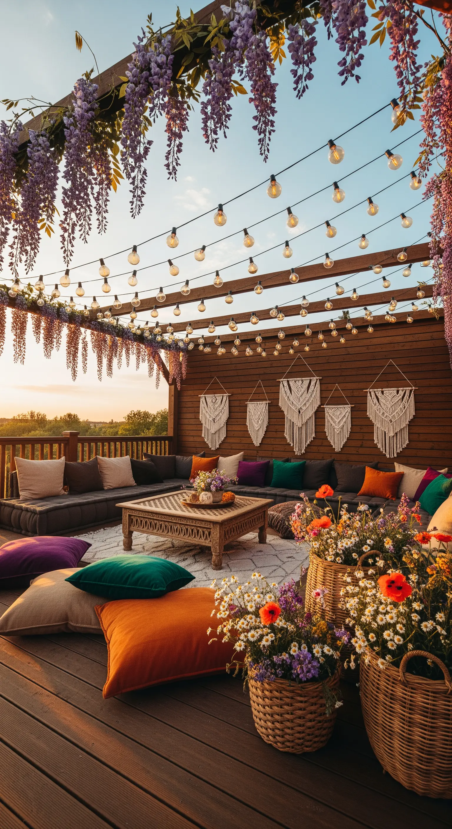 Boho Terrasse, Glyzinien, Lichterketten, Kissen, Makramee, gemütlich
