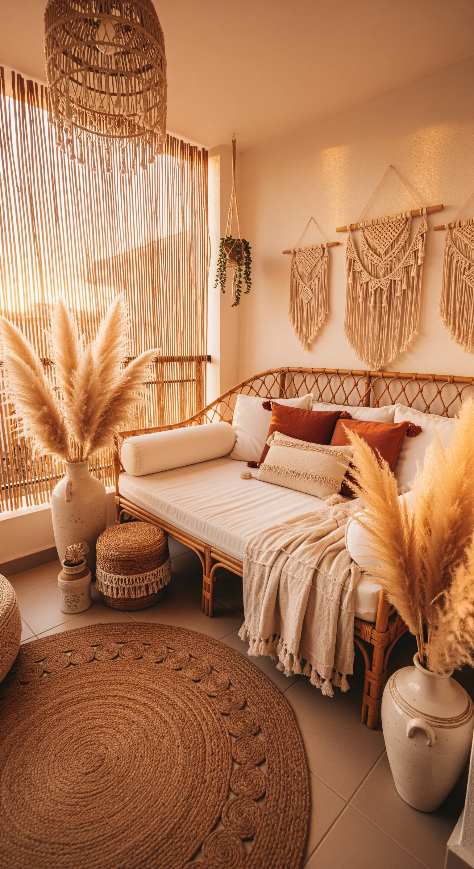 Boho-Balkon mit Rattan-Daybed, Pampasgras und Makramee