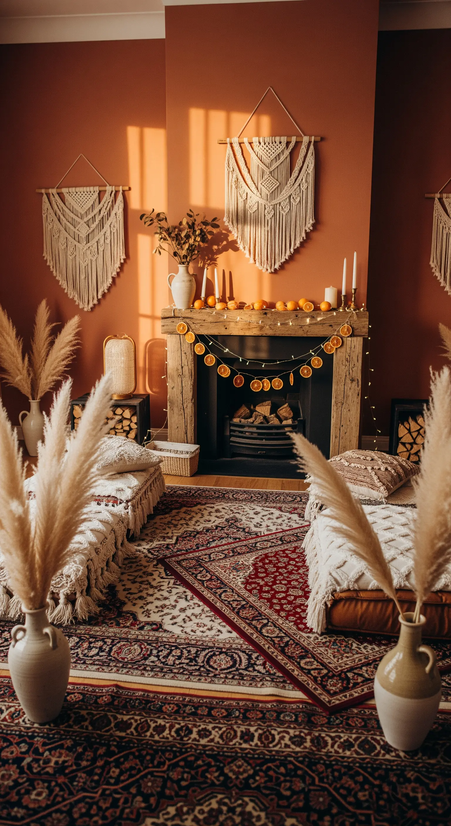 Boho Wohnzimmer mit Makramee, Pampasgras und getrockneten Orangenscheiben am Kamin