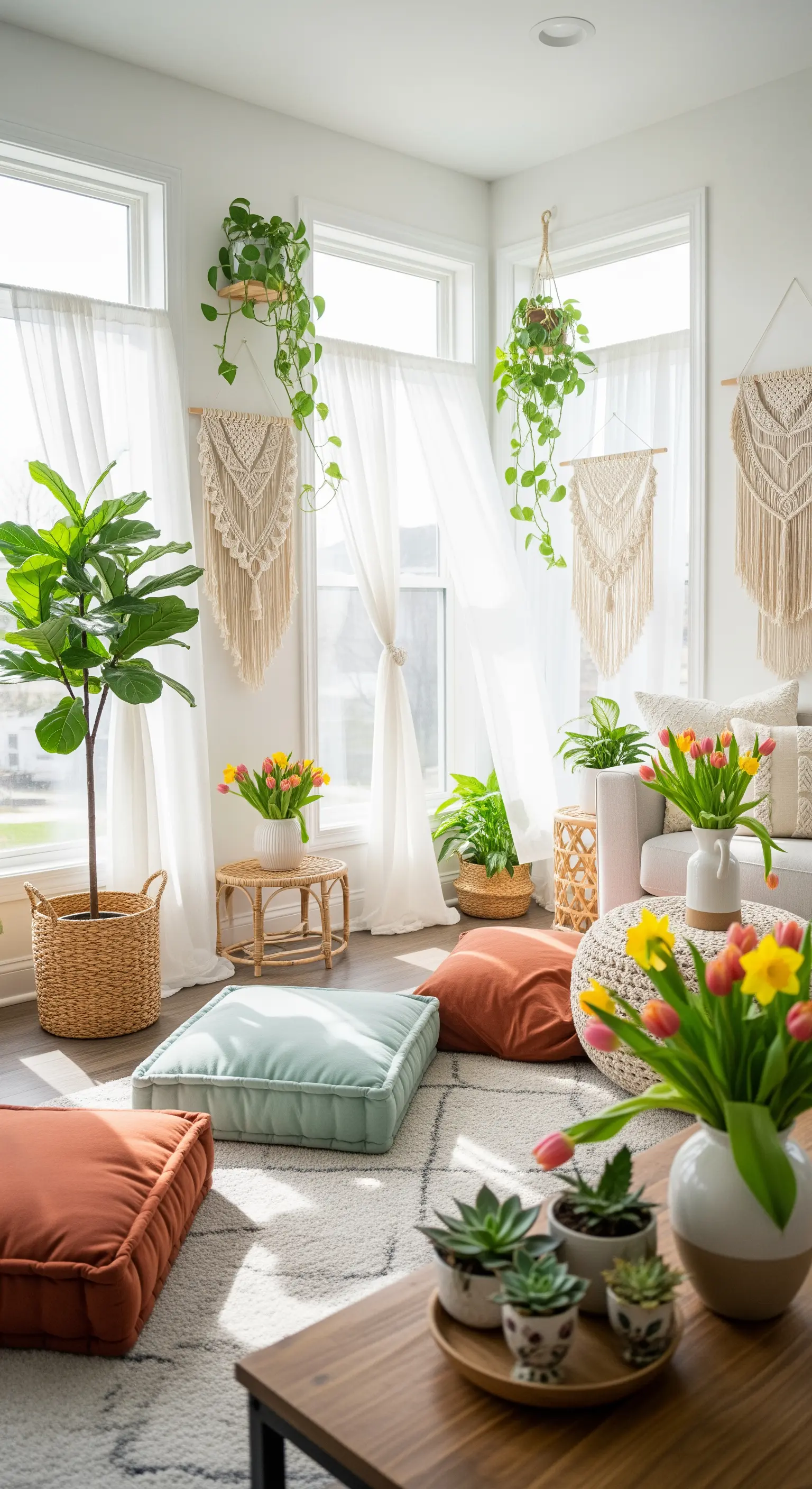 Boho-Wohnzimmer mit vielen Pflanzen, Makramee-Wandbehängen und Bodenkissen
