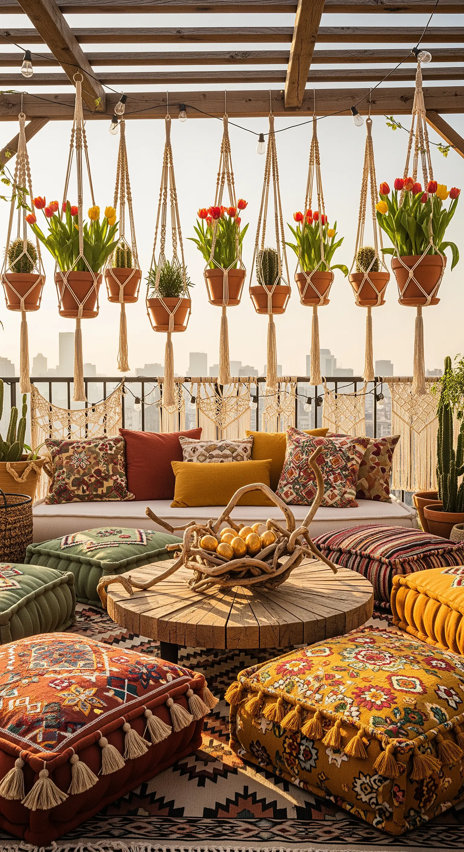 Boho-Terrassenlounge mit Bodenkissen, Makramee-Hängepflanzen und Osterdekoration